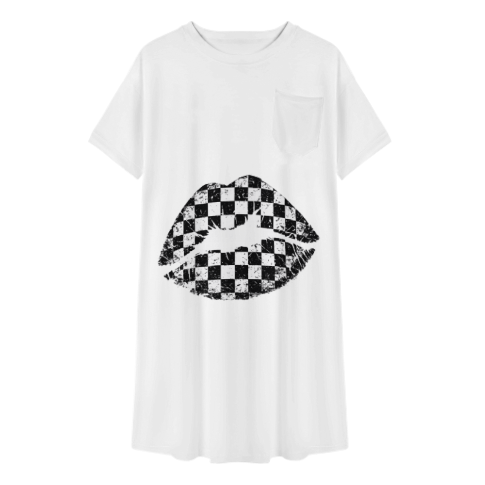 Vintage Checkered Lips Graphic Tee Dress | Retro Racing Aesthetic Casual Oversized Shirt Dress(z1030)