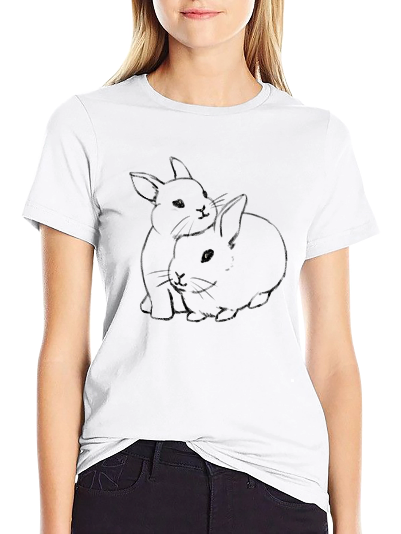 Cute Rabbit Print Black T-Shirt