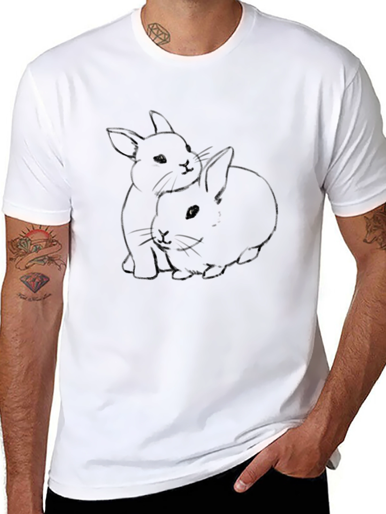 Cute Rabbit Print Black T-Shirt