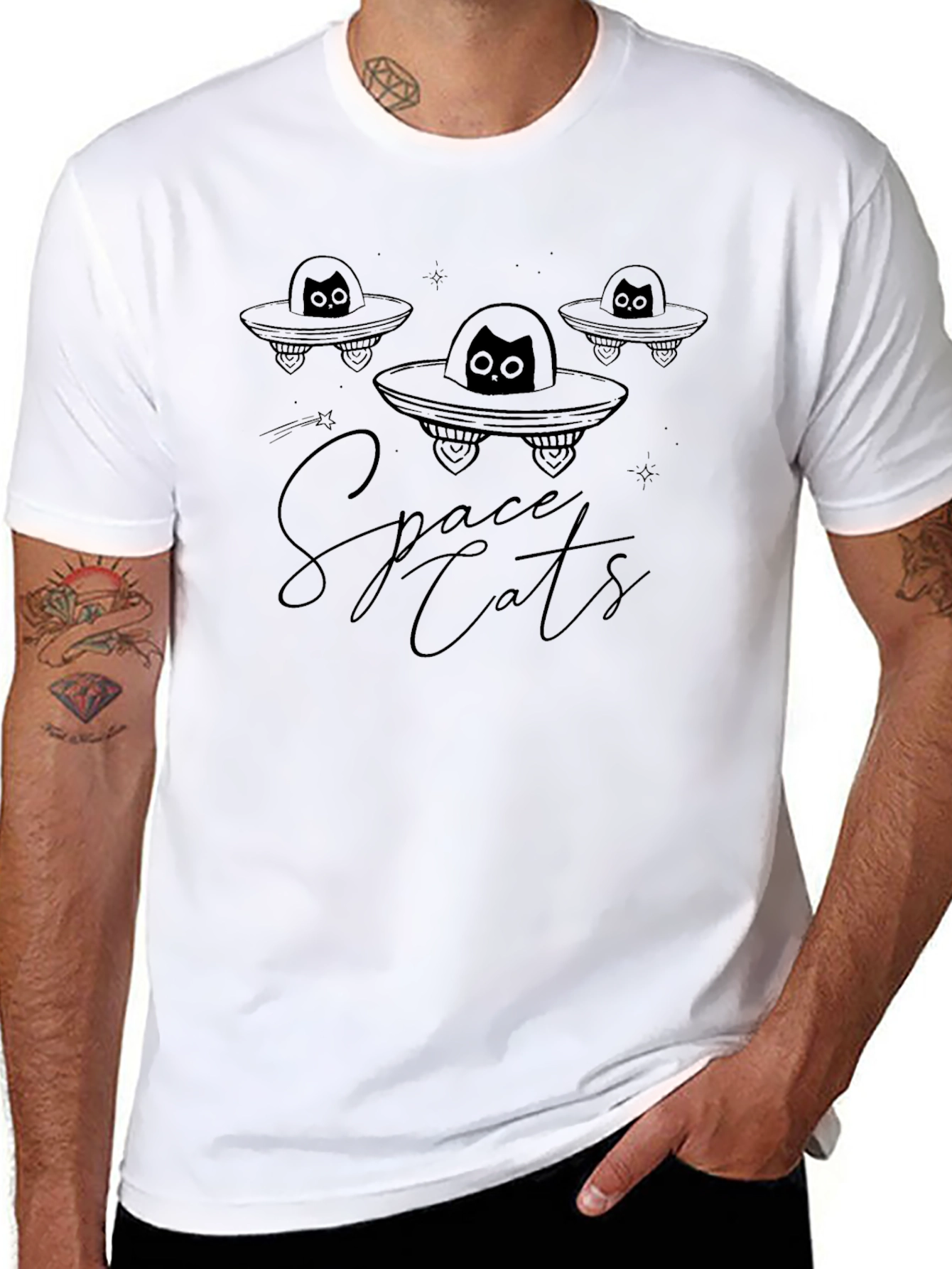 Space Cats Black Graphic T-Shirt