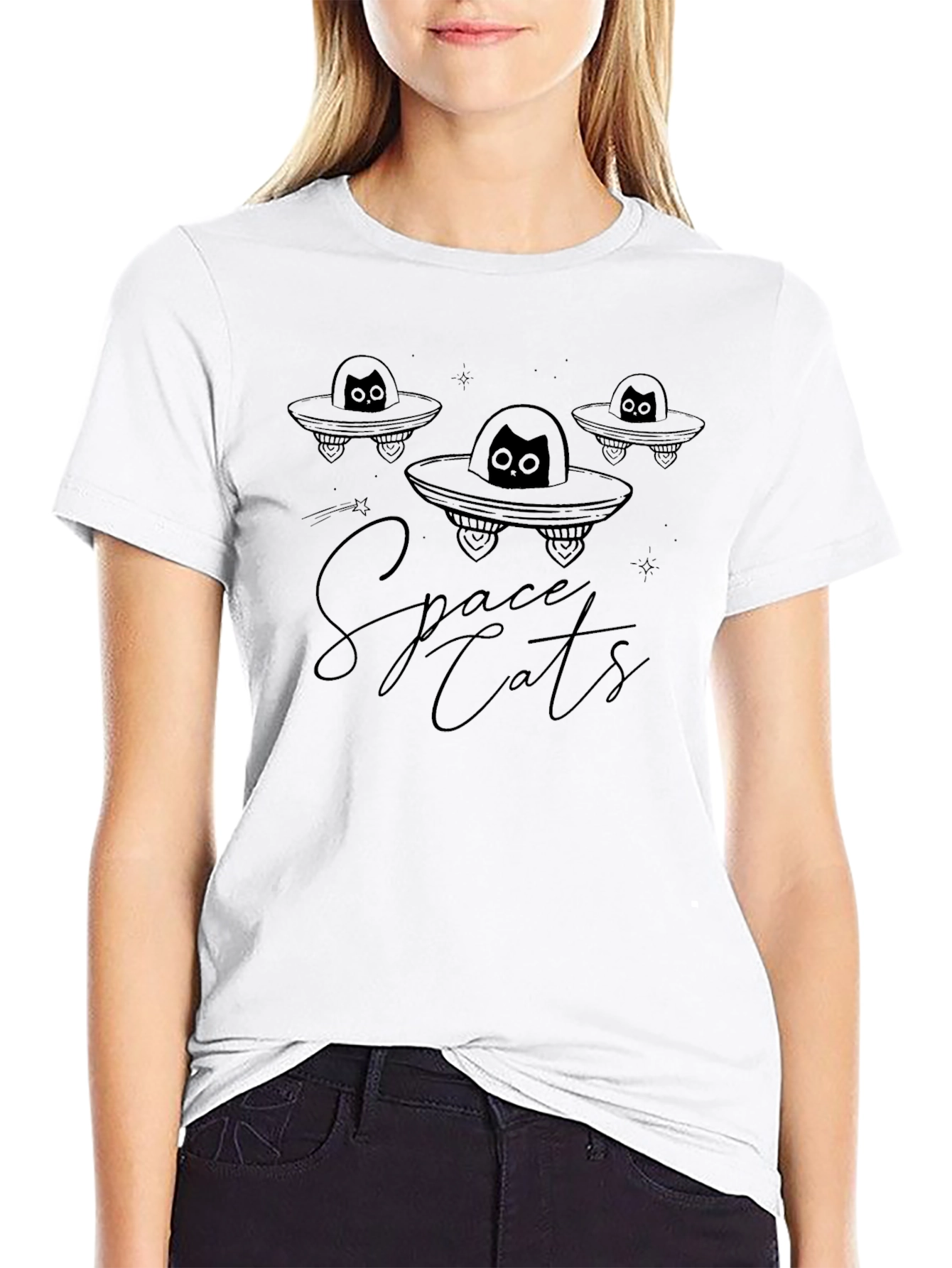 Space Cats Black Graphic T-Shirt