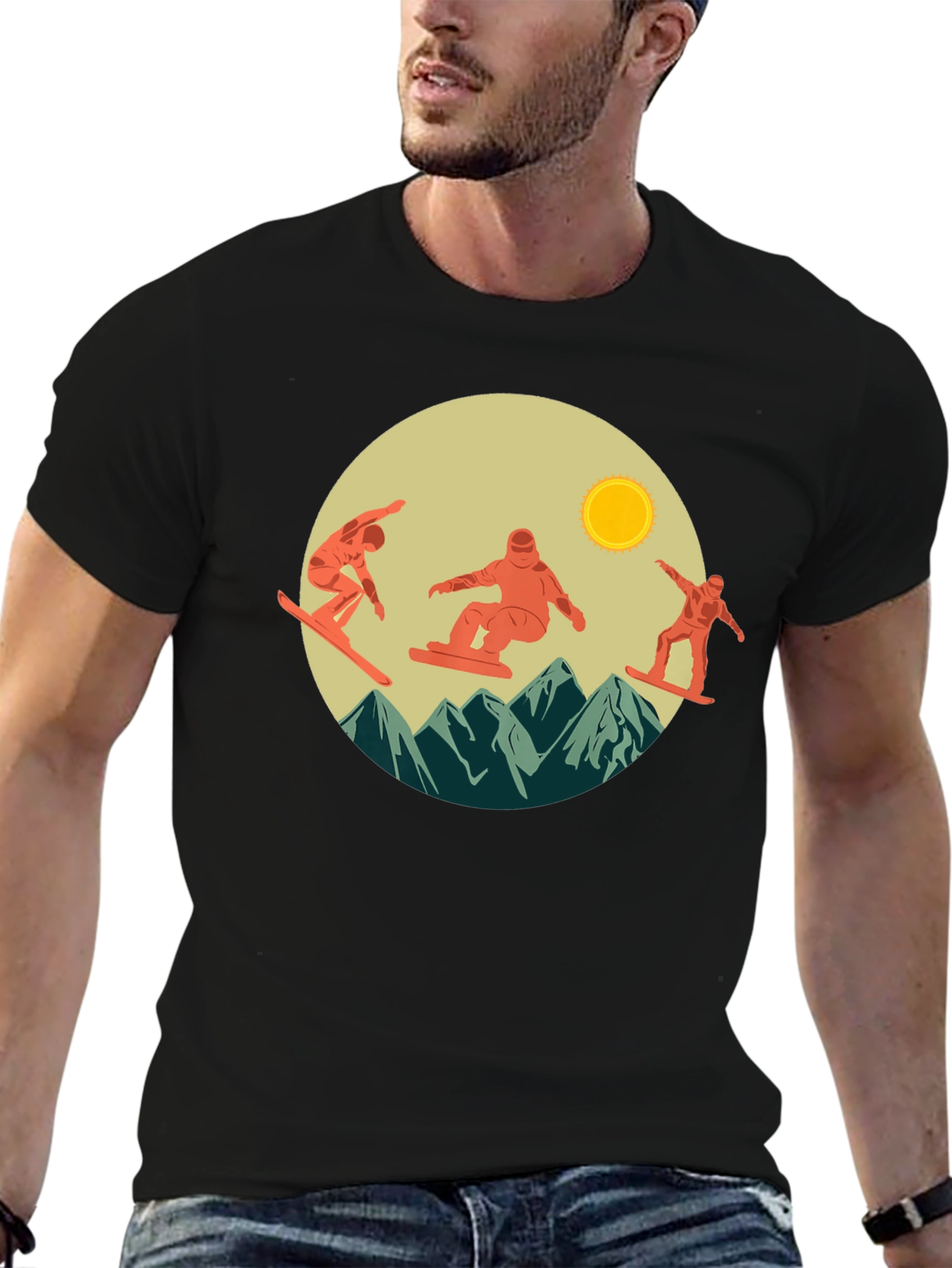 Snowboarder Mountain Scene Graphic Tee - Black