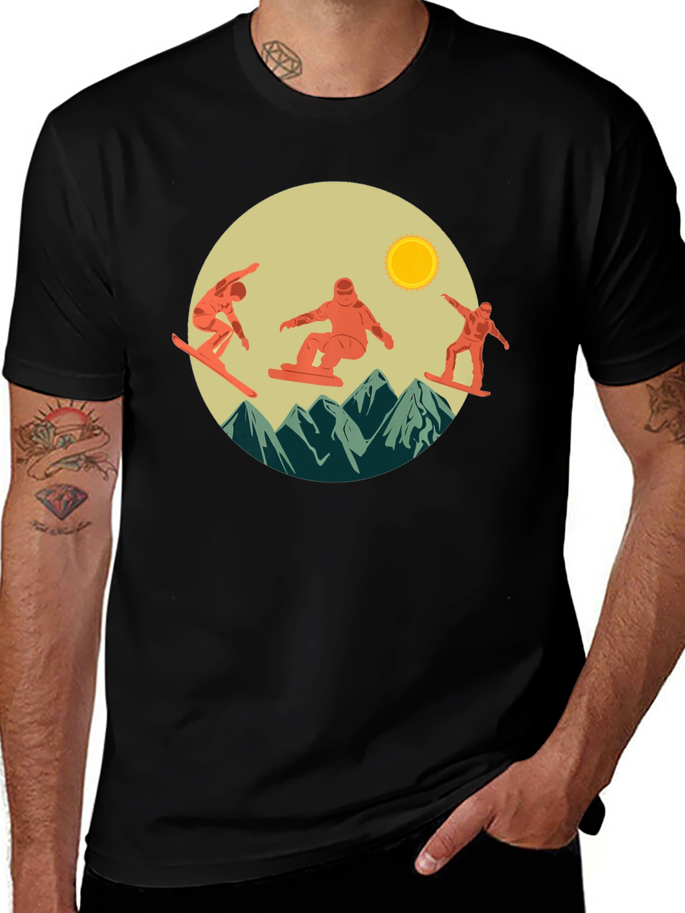 Snowboarder Mountain Scene Graphic Tee - Black