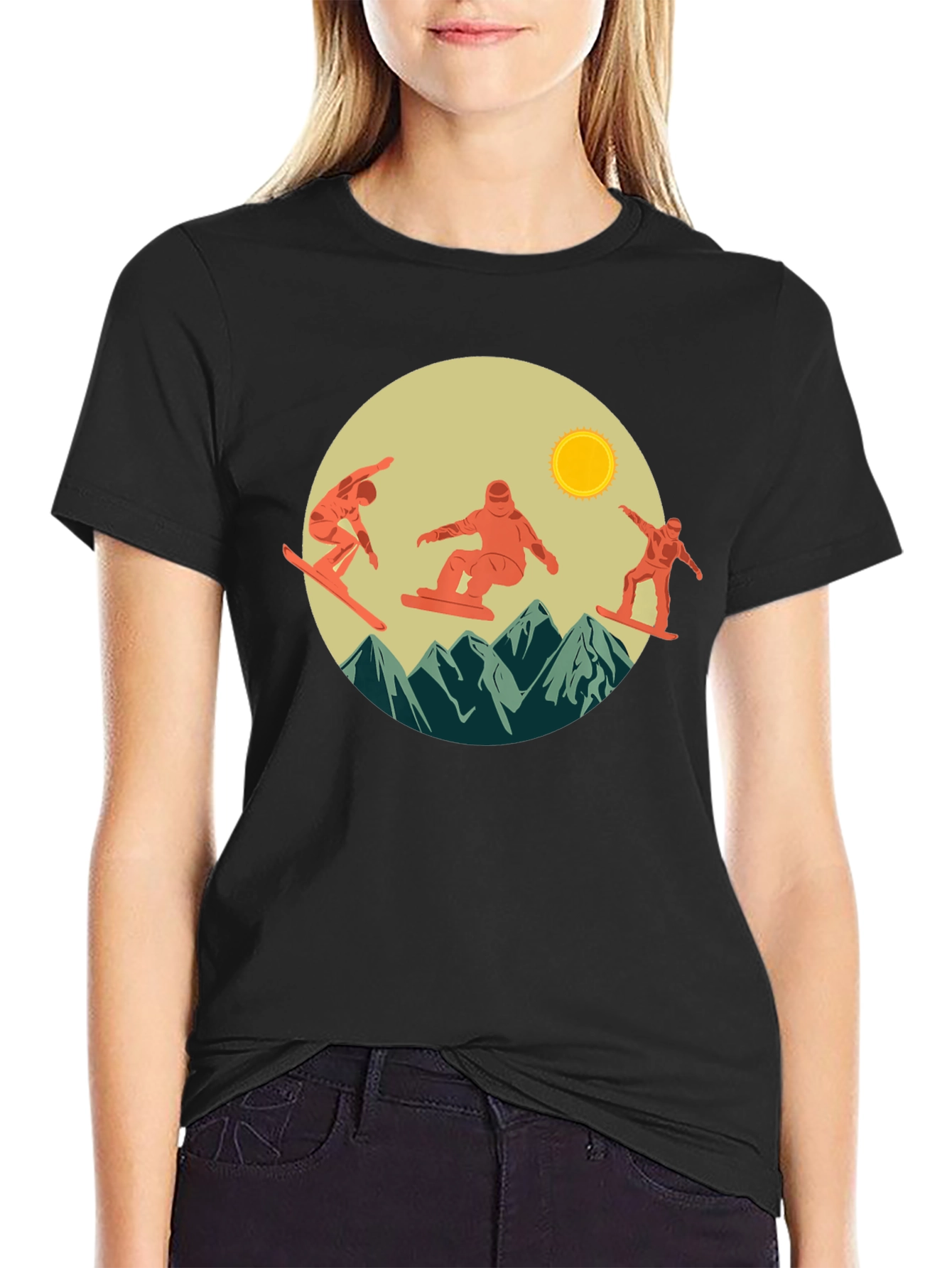 Snowboarder Mountain Scene Graphic Tee - Black