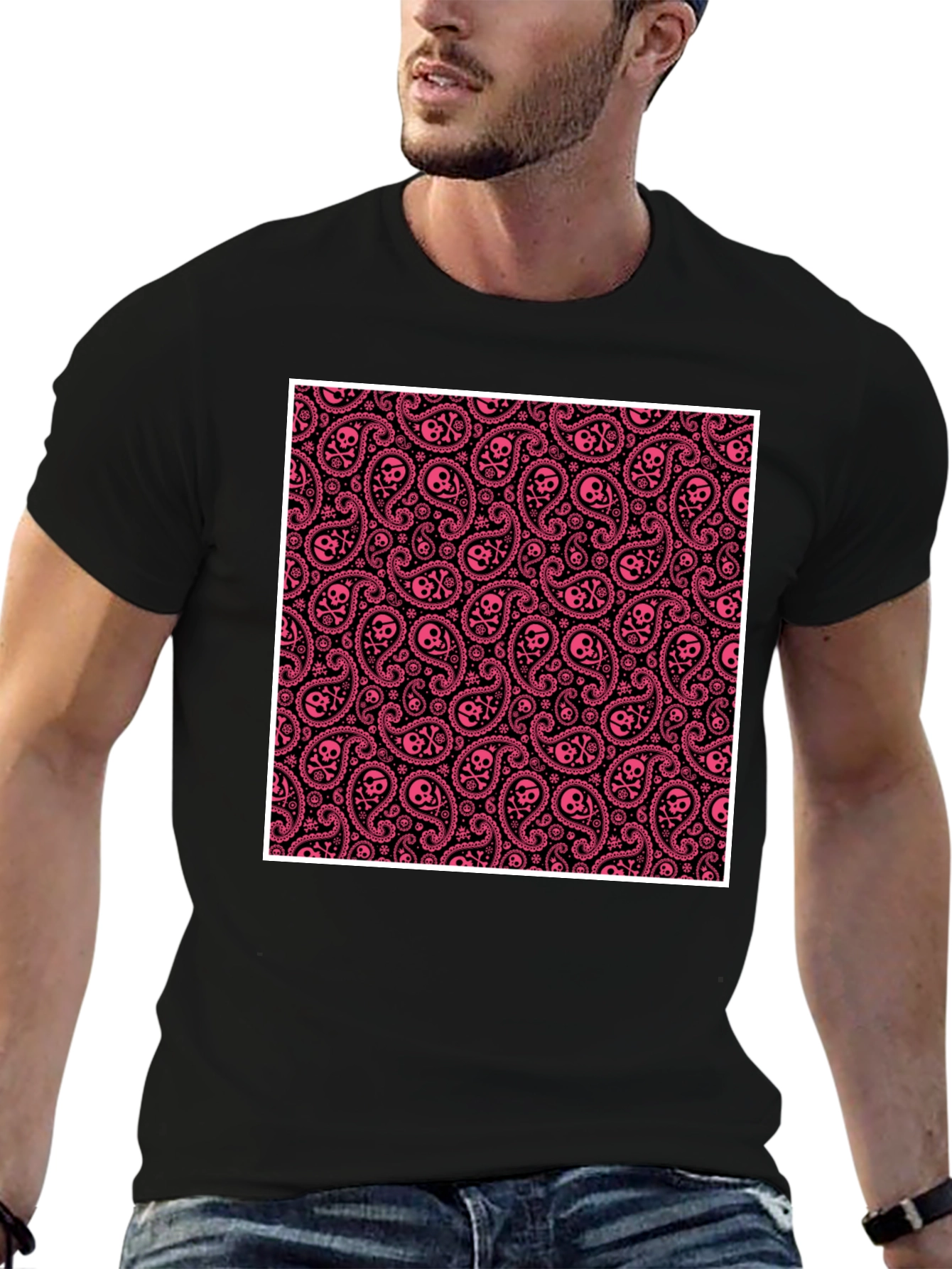 Edgy Paisley Skull T-Shirt - Black
