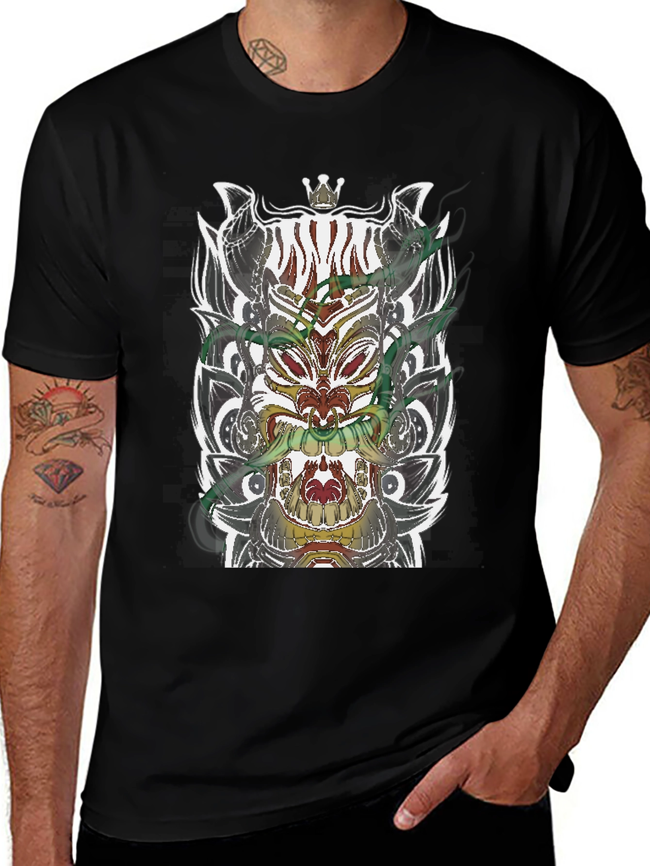 Black T-Shirt with Ornate Mask Graphic