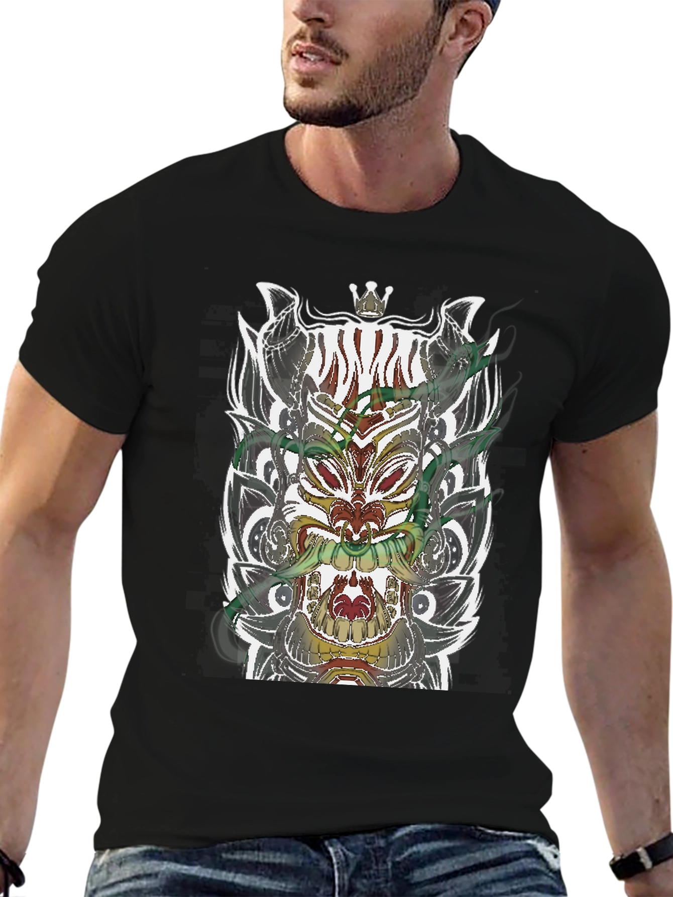 Black T-Shirt with Ornate Mask Graphic