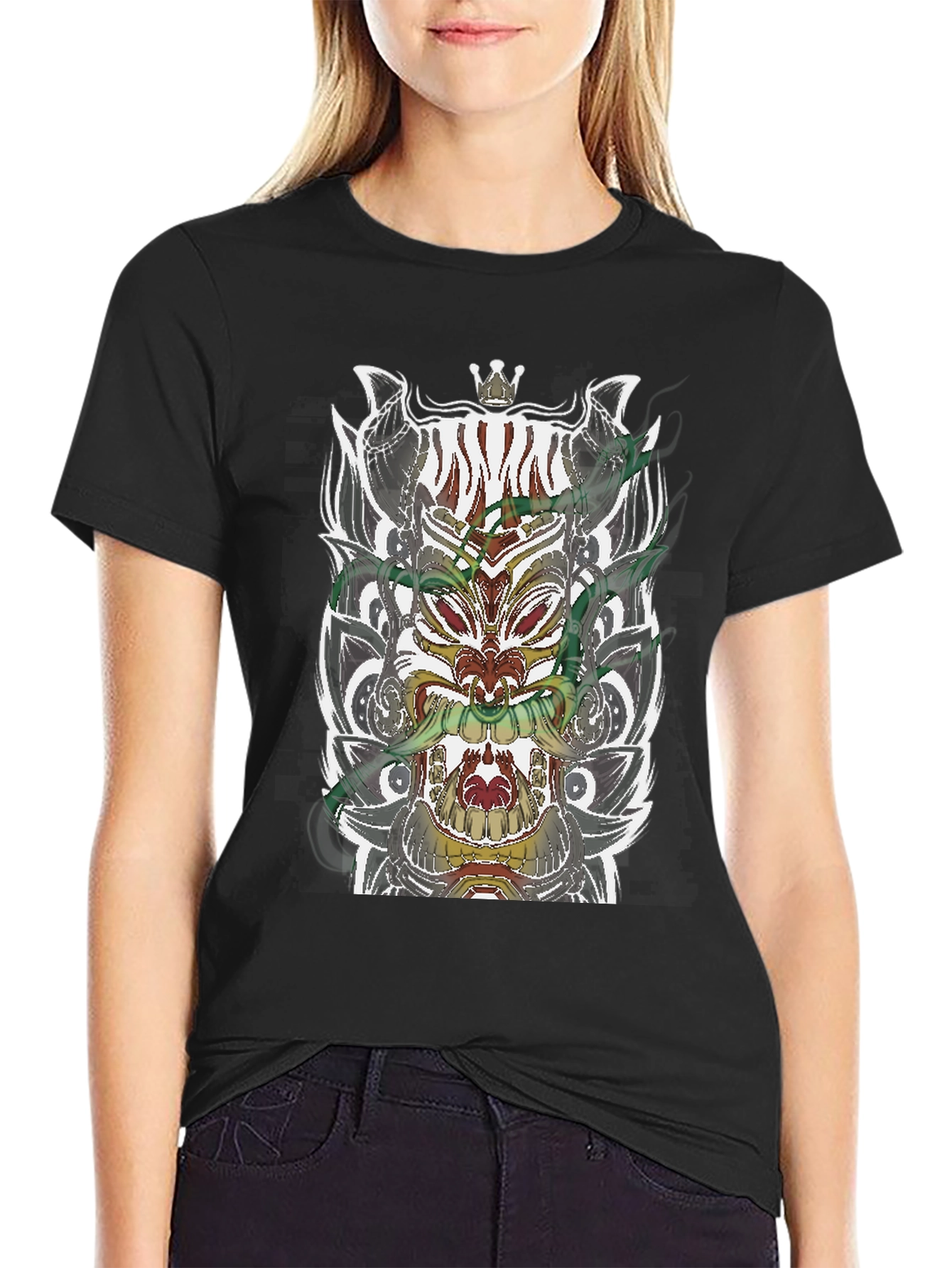 Black T-Shirt with Ornate Mask Graphic
