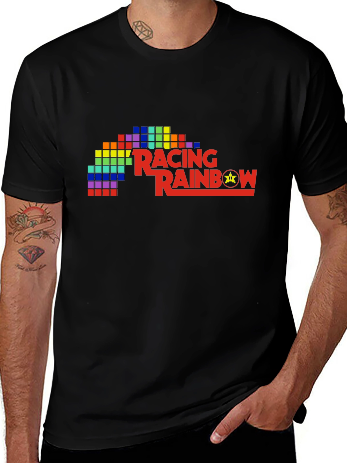 Retro Racing Rainbow Black T-Shirt