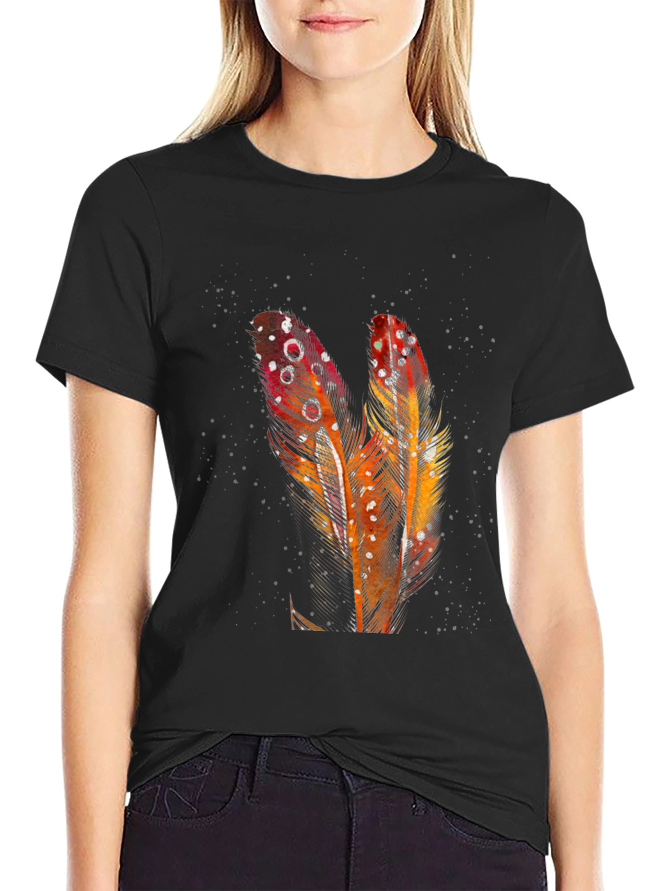 Feather Graphic Print Black T-Shirt