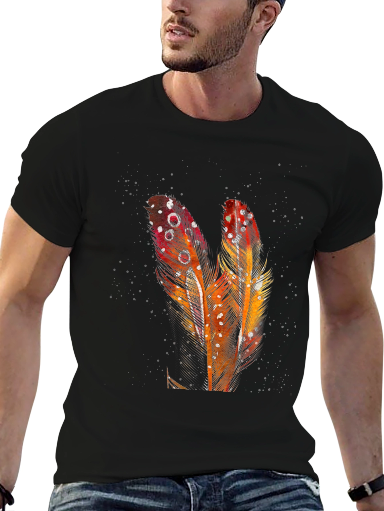 Feather Graphic Print Black T-Shirt