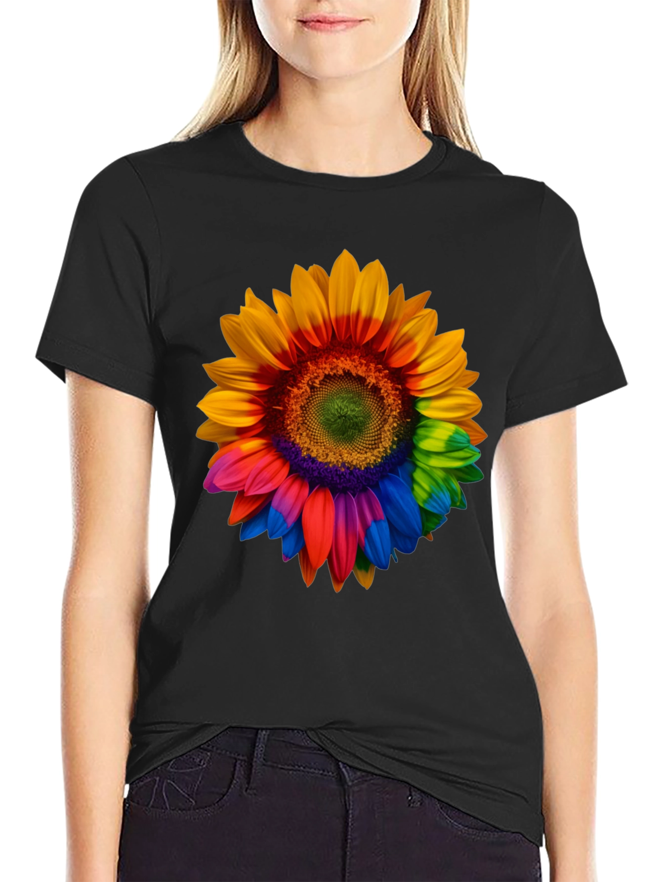 Rainbow Sunflower Graphic Tee - Black Cotton Comfort