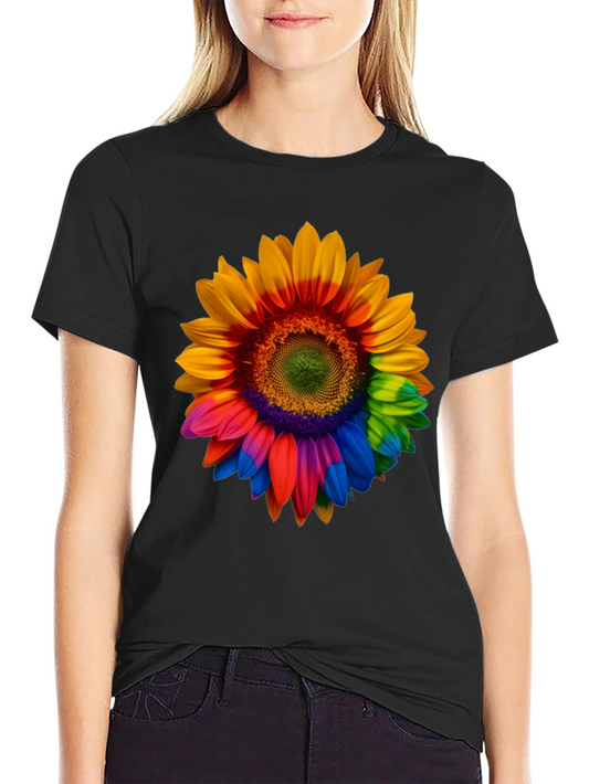 Rainbow Sunflower Graphic Tee - Black Cotton Comfort