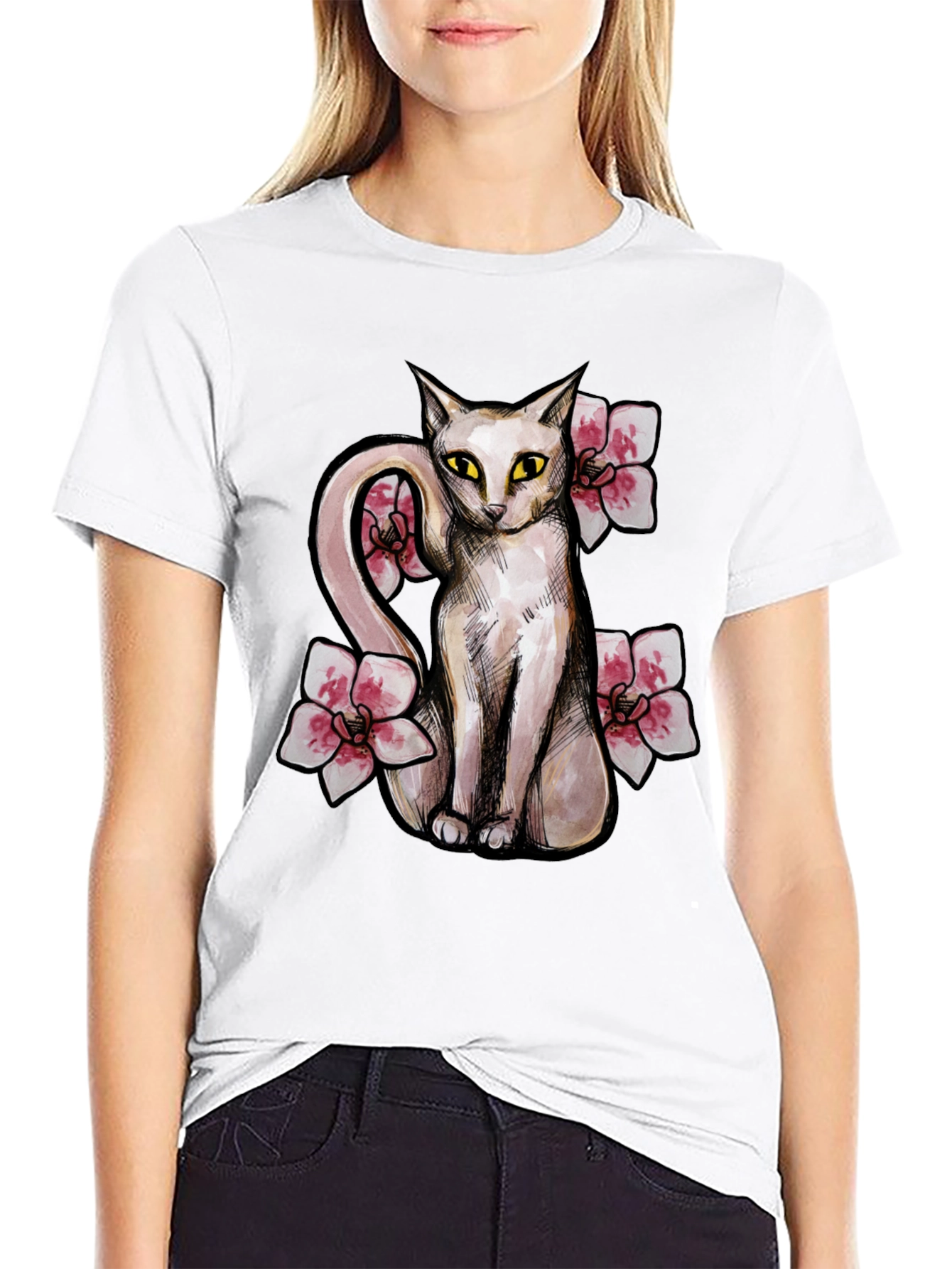 Cat & Flowers Graphic T-Shirt - Casual Black Tee
