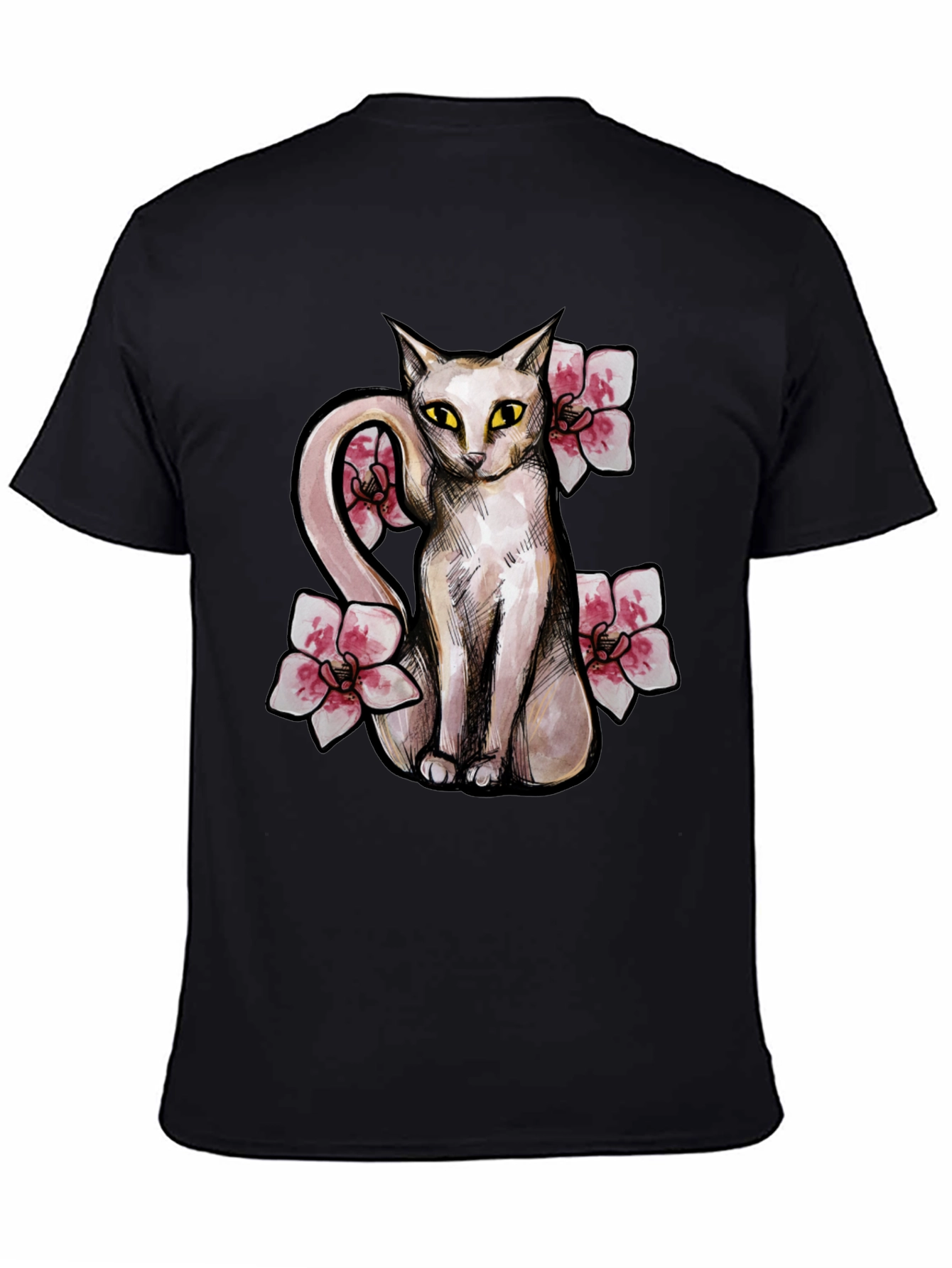 Cat & Flowers Graphic T-Shirt - Casual Black Tee