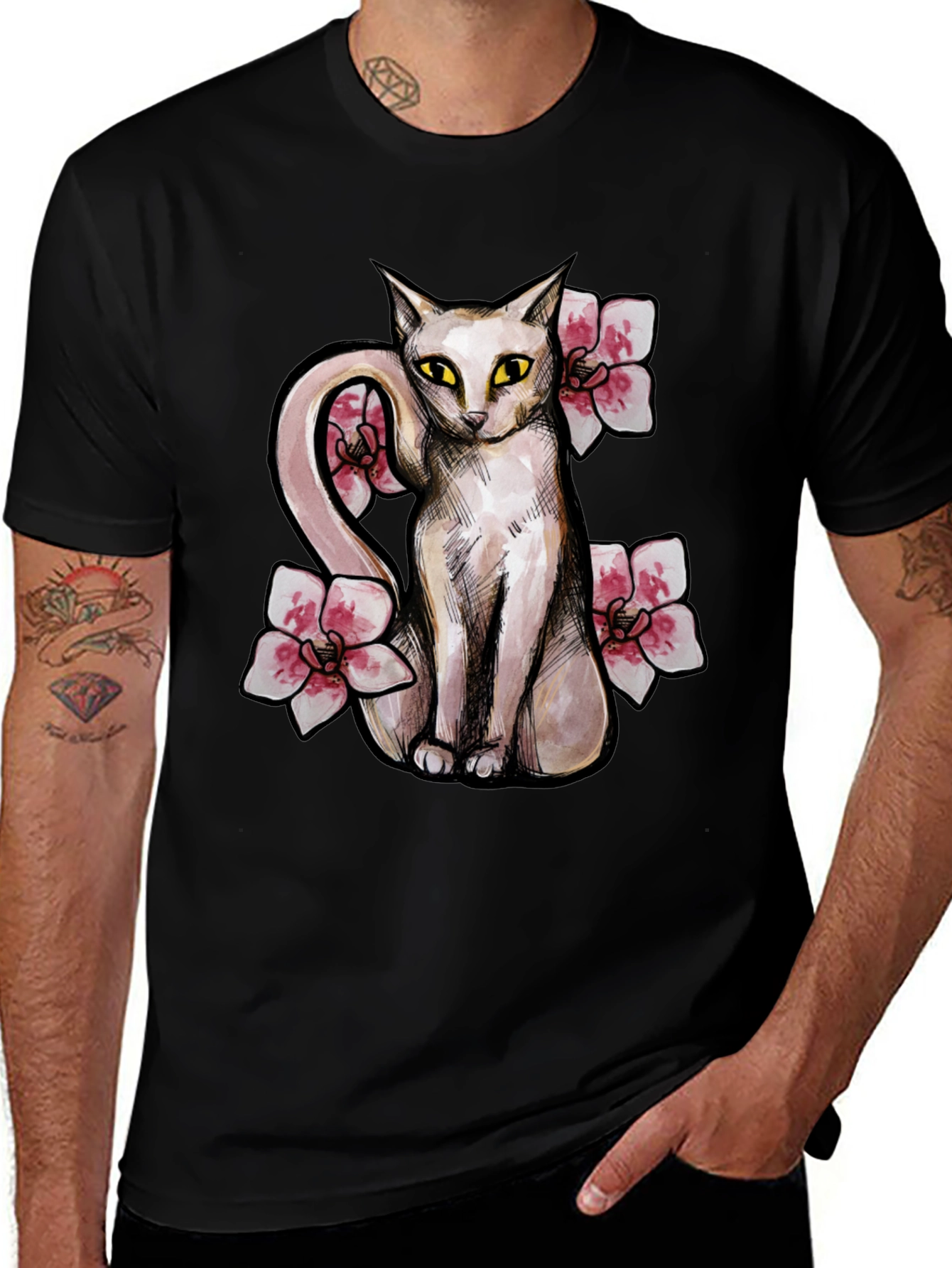 Cat & Flowers Graphic T-Shirt - Casual Black Tee