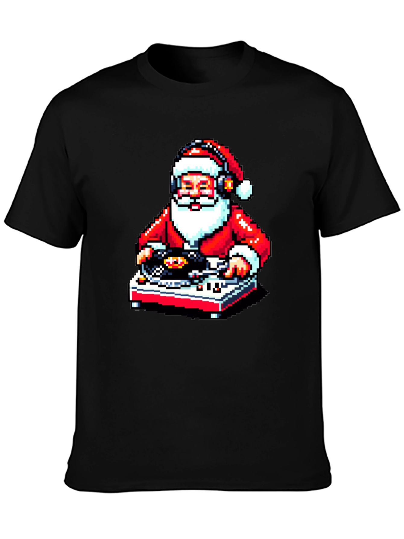 DJ Santa Pixel Art Black T-Shirt