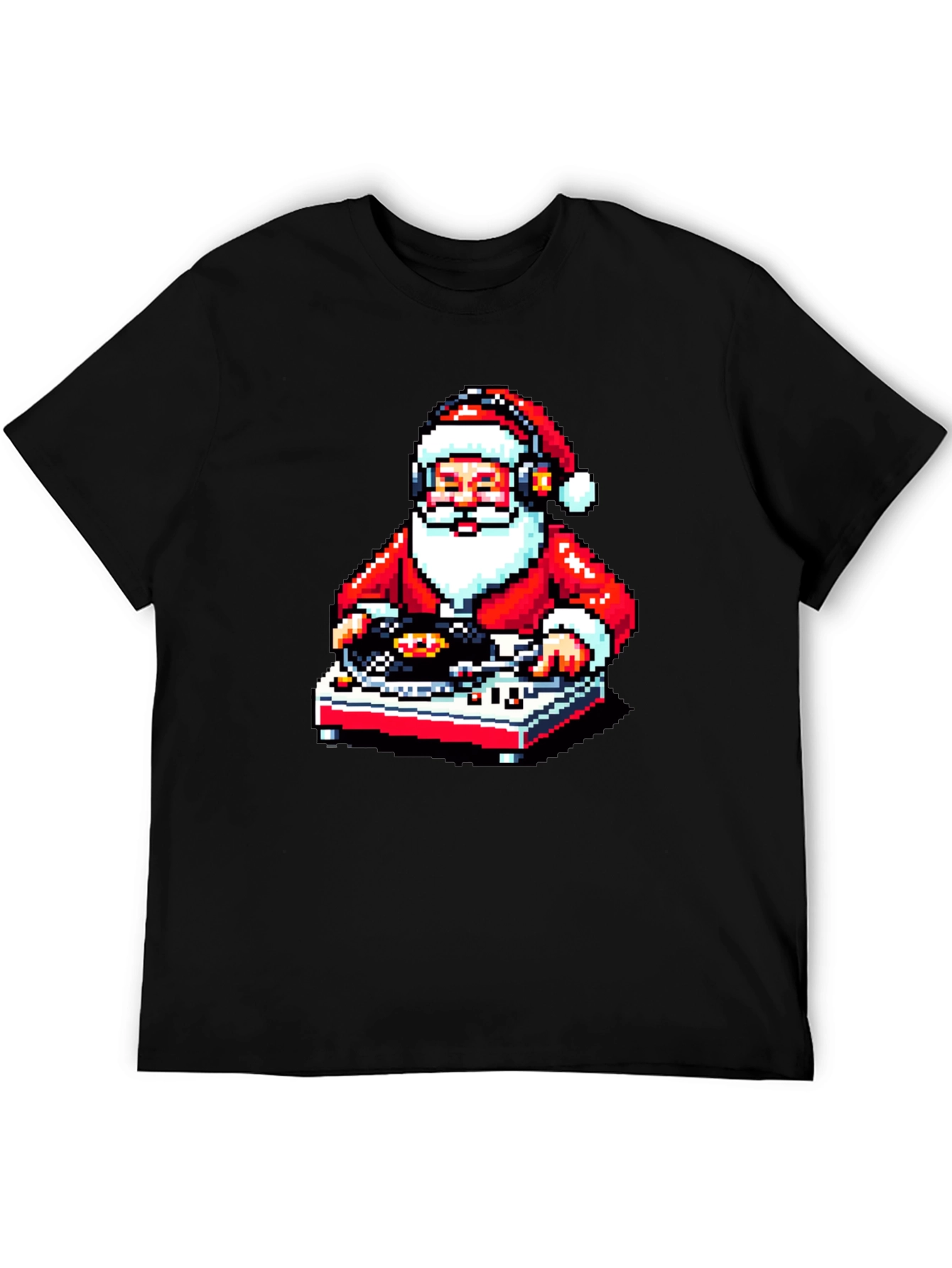 DJ Santa Pixel Art Black T-Shirt