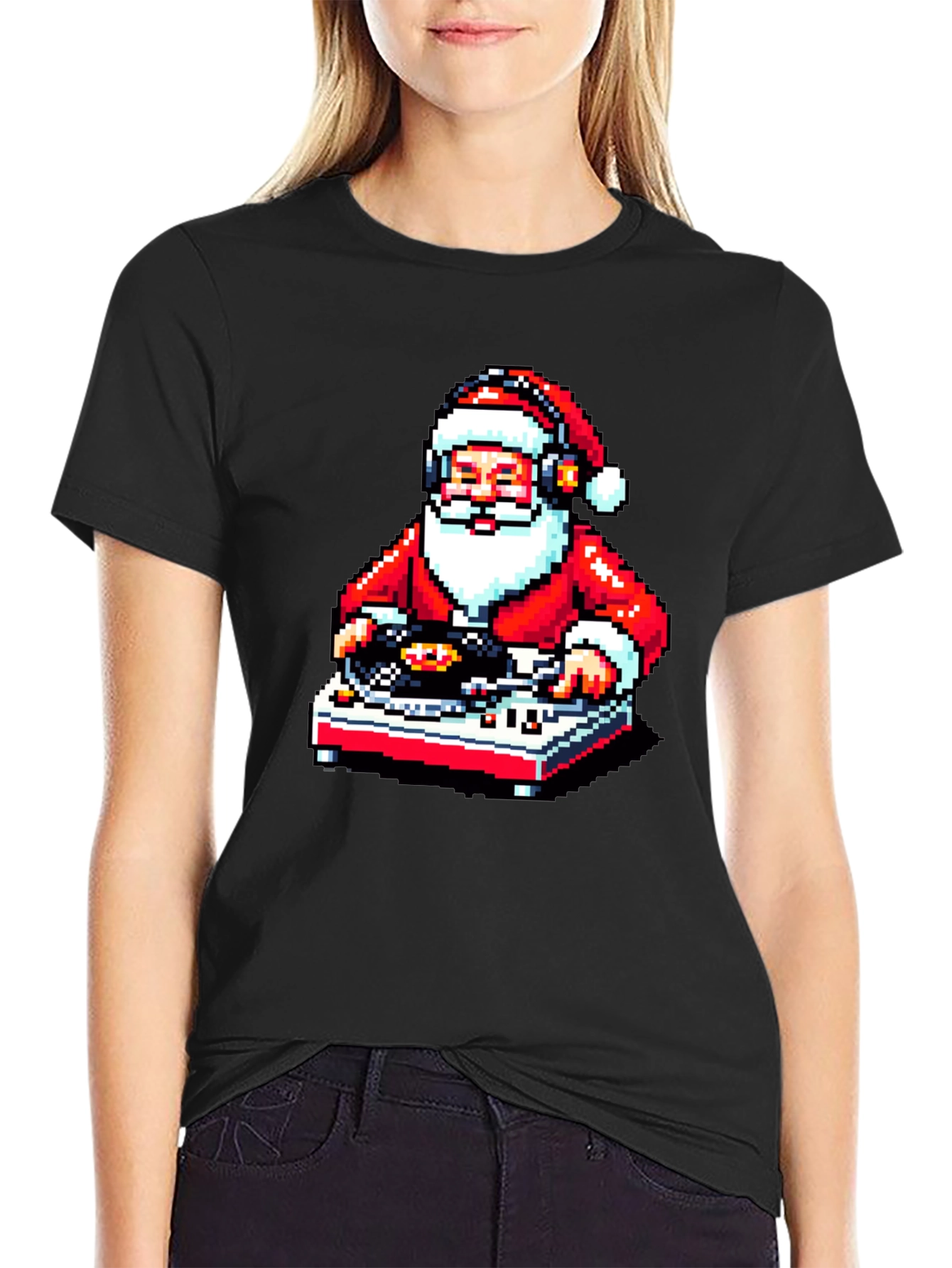DJ Santa Pixel Art Black T-Shirt