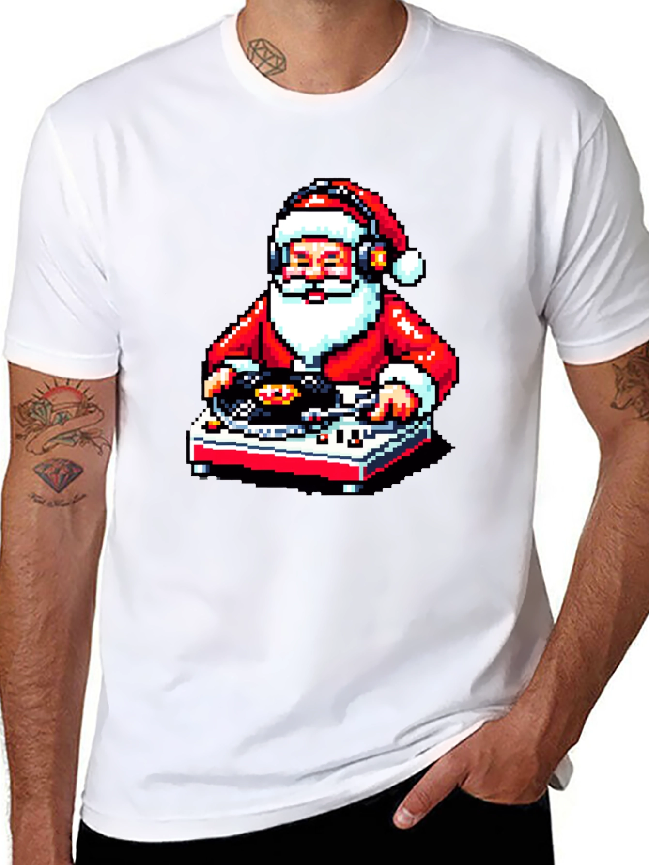 DJ Santa Pixel Art Black T-Shirt