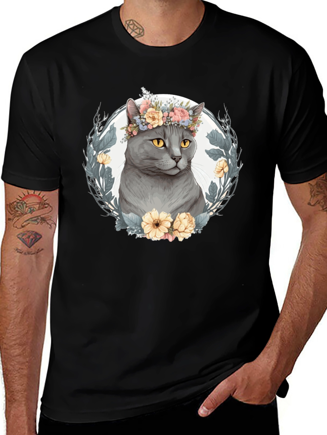 Cat with Floral Crown Graphic Tee - Black