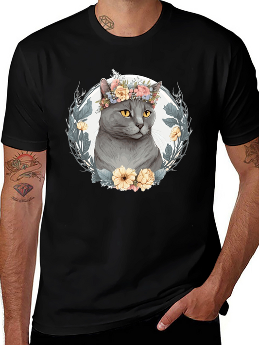 Cat with Floral Crown Graphic Tee - Black
