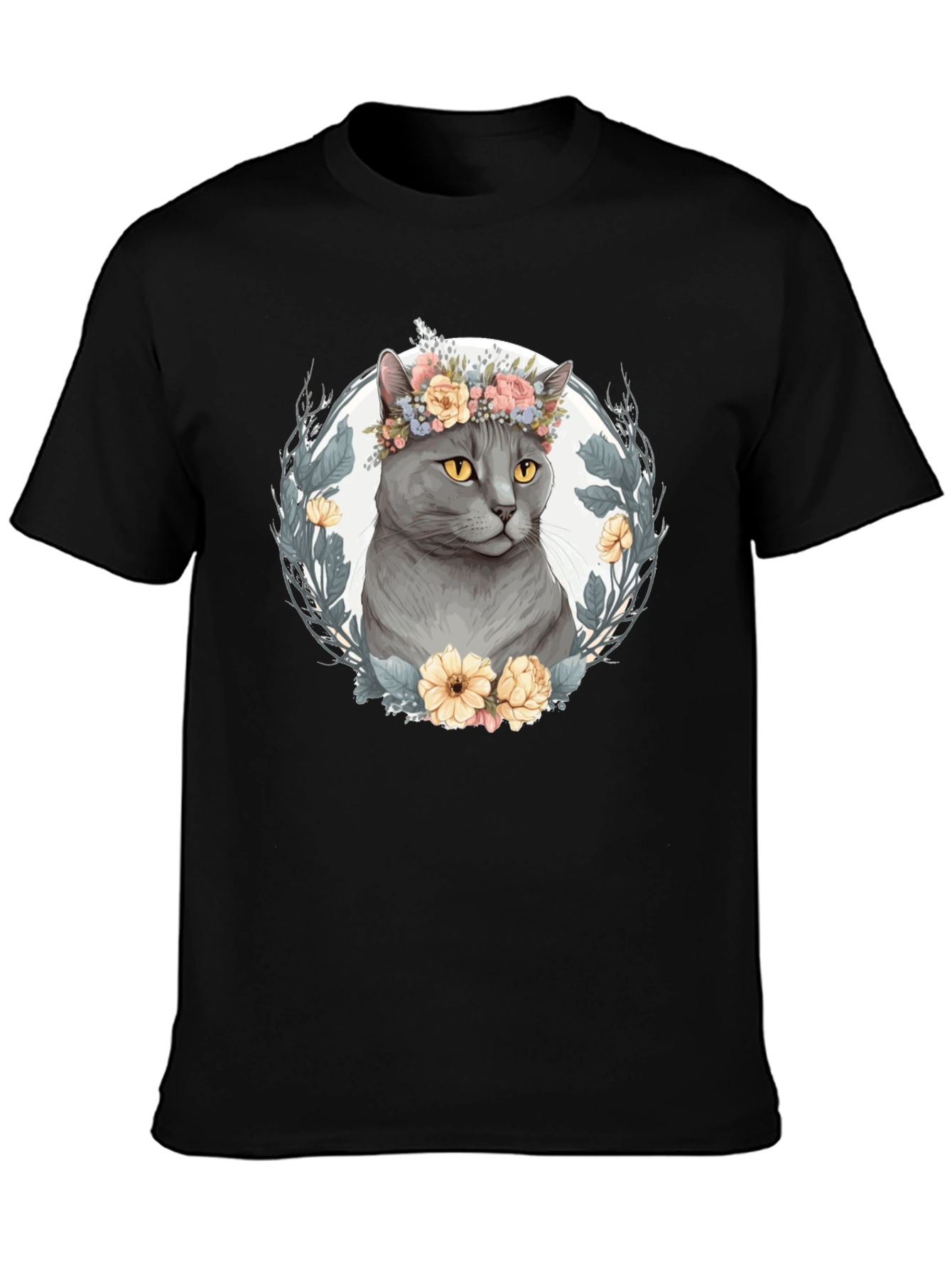 Cat with Floral Crown Graphic Tee - Black
