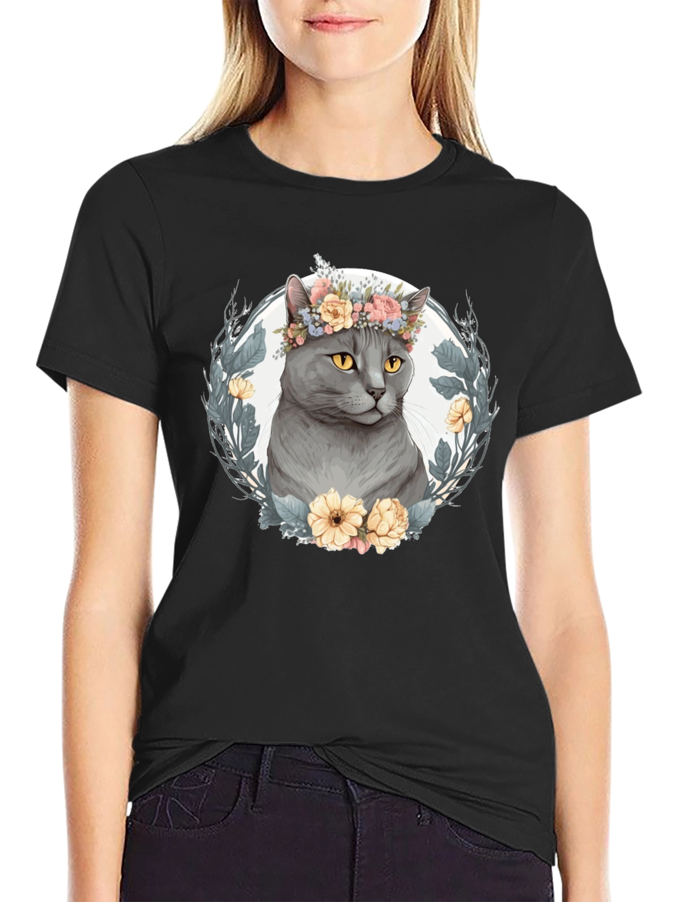 Cat with Floral Crown Graphic Tee - Black