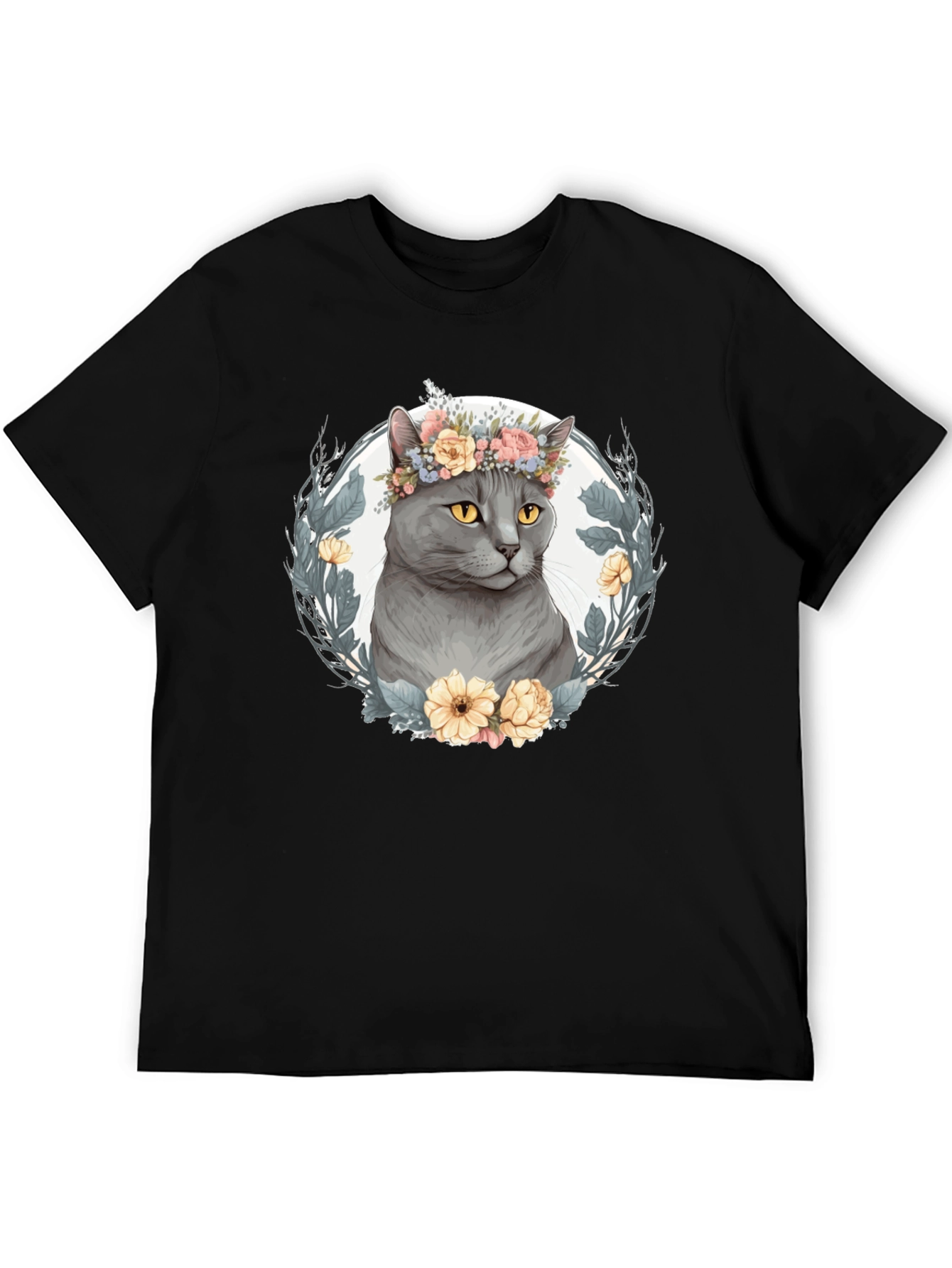 Cat with Floral Crown Graphic Tee - Black