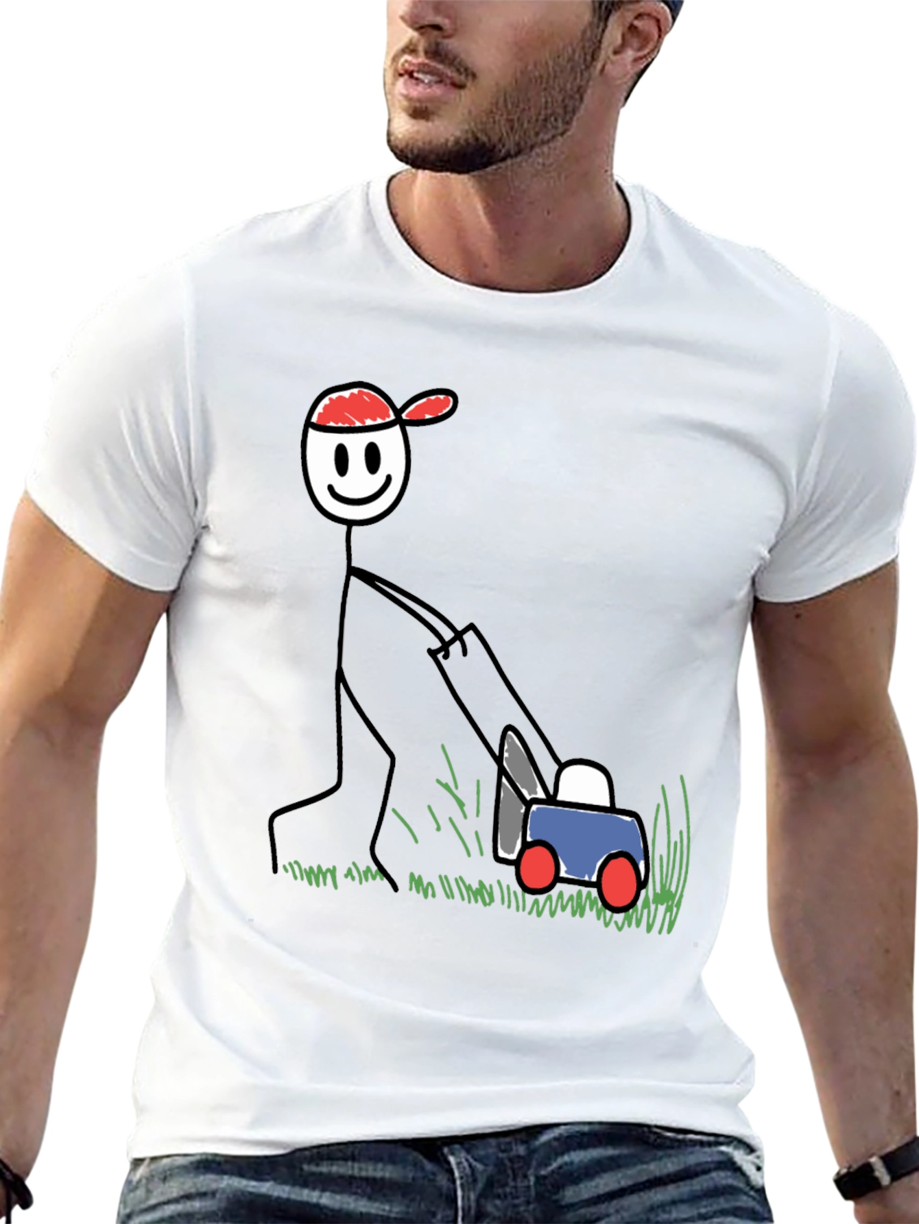 Stick Figure Lawn Mowing T-Shirt - Fun Design