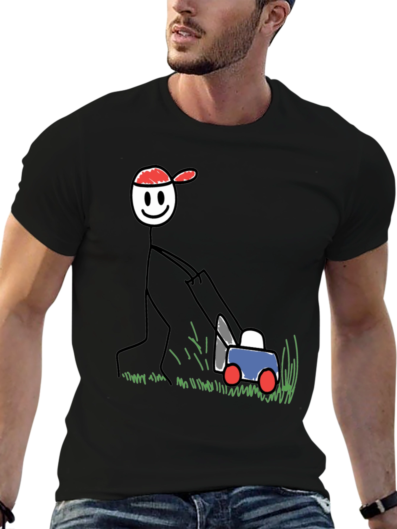 Stick Figure Lawn Mowing T-Shirt - Fun Design