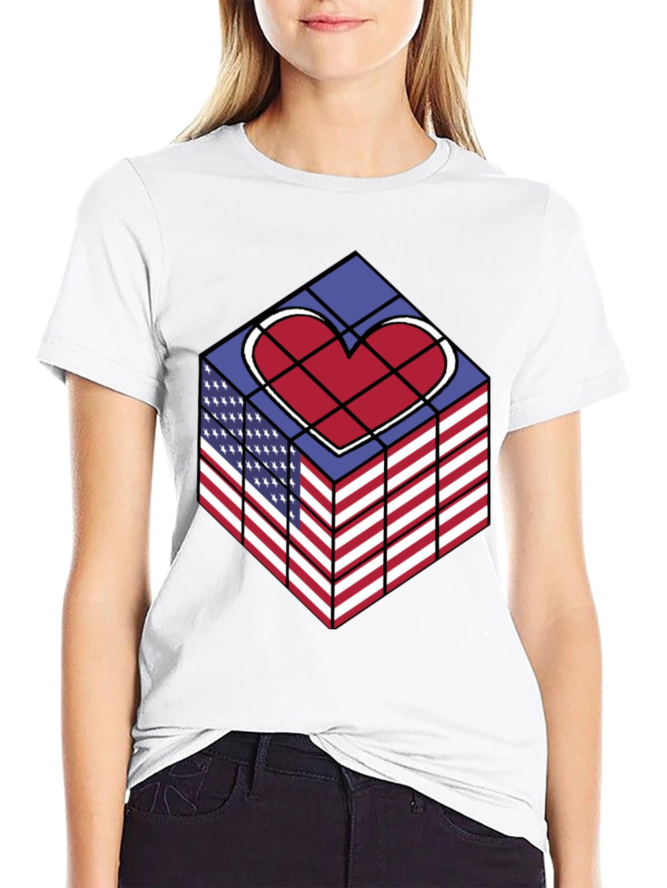 Patriotic Heart Cube Graphic Tee - USA Pride Shirt