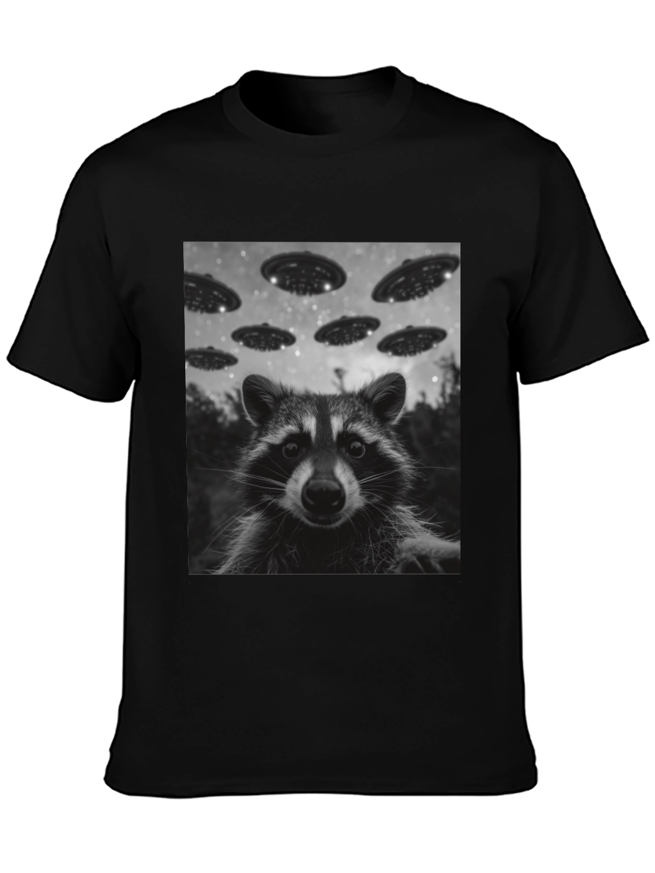 Raccoon UFO Graphic Tee - Black Cotton Comfort