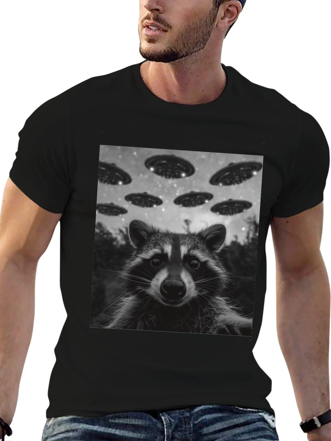 Raccoon UFO Graphic Tee - Black Cotton Comfort