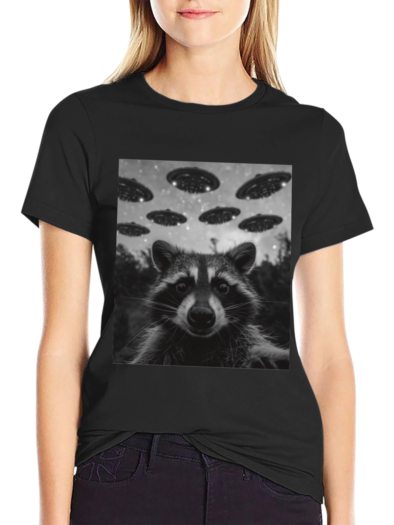 Raccoon UFO Graphic Tee - Black Cotton Comfort