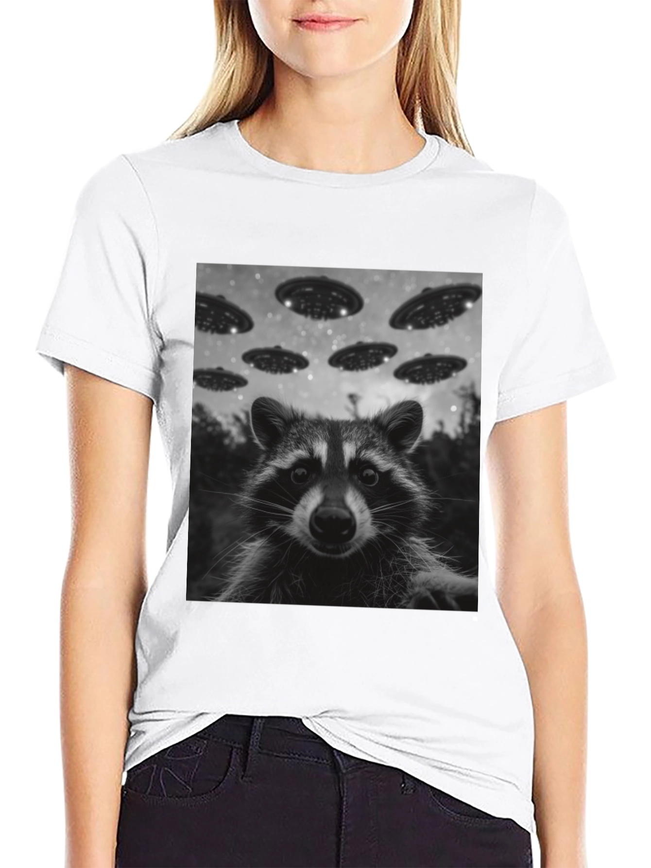 Raccoon UFO Graphic Tee - Black Cotton Comfort