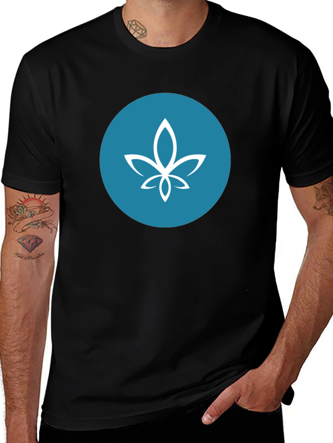 Modern Black Tee with Teal Circle Lotus Design
