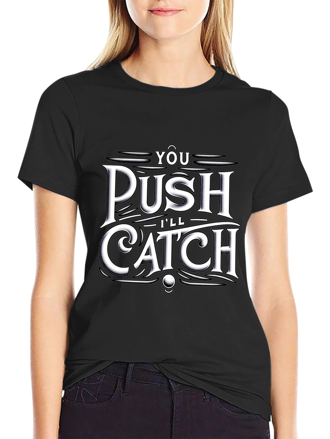 Push Catch Graphic Tee - Trendy Black T-Shirt