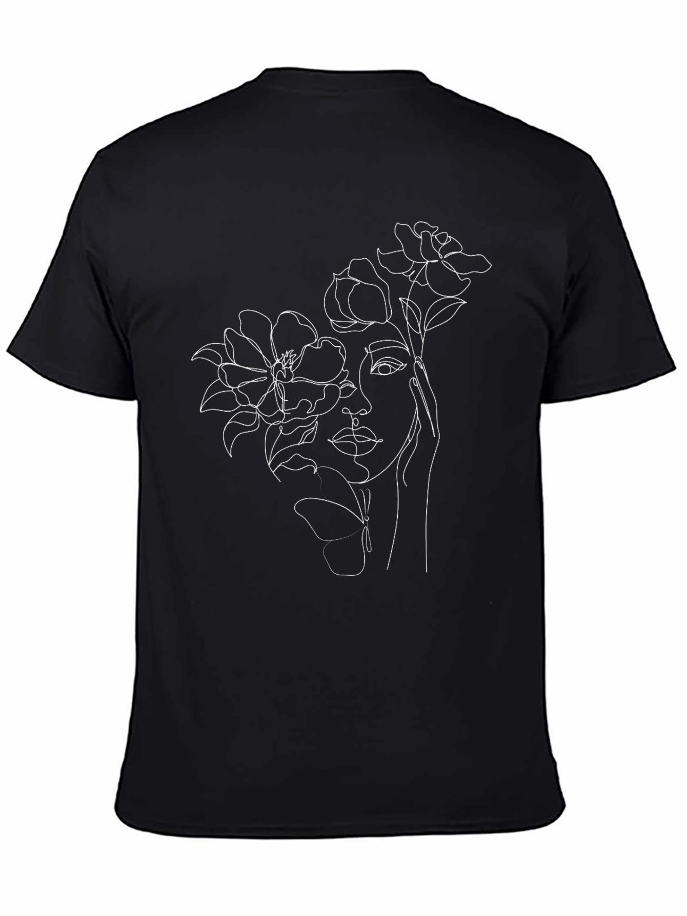 Floral Woman Line Art Black Tee