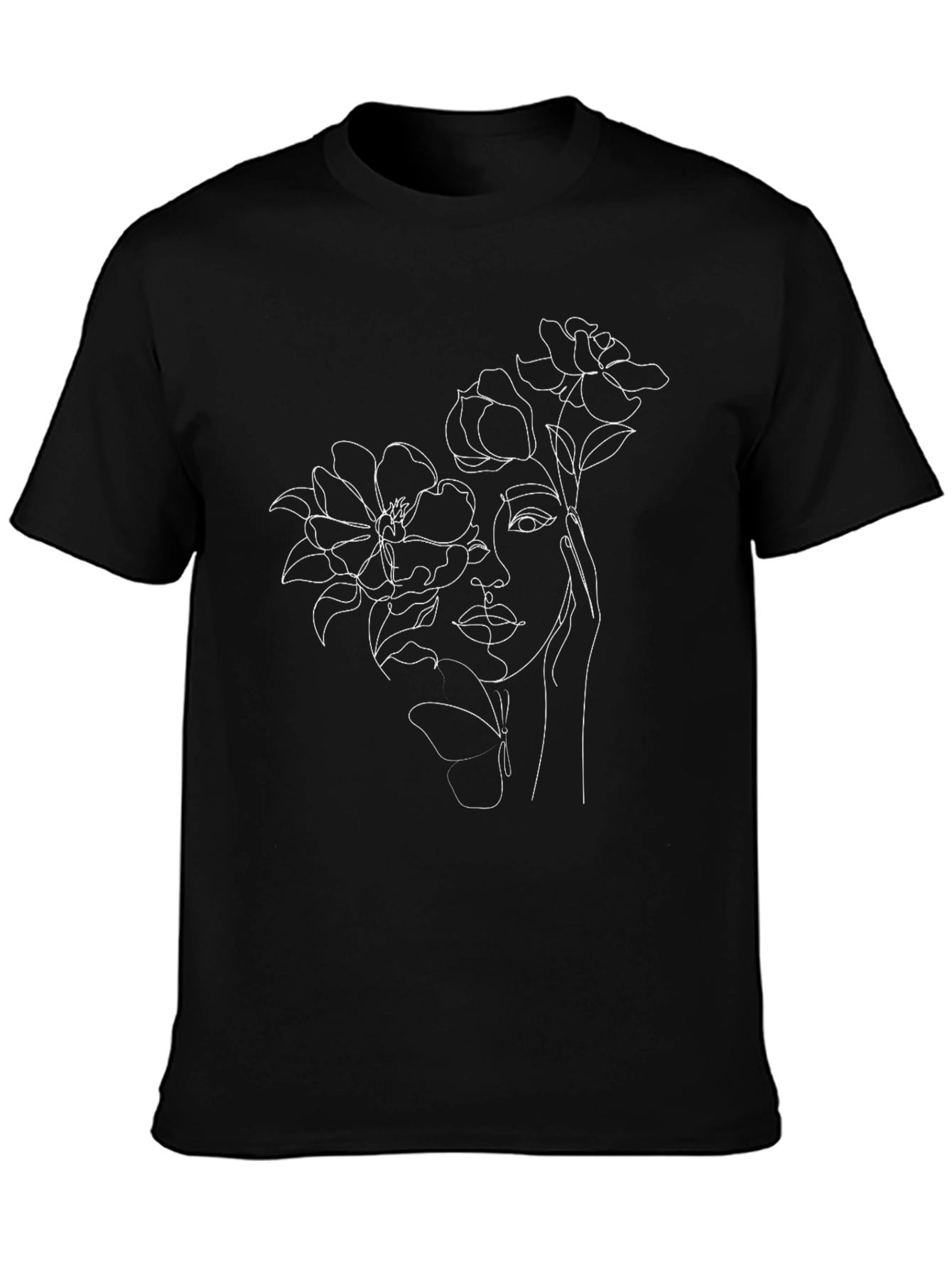 Floral Woman Line Art Black Tee