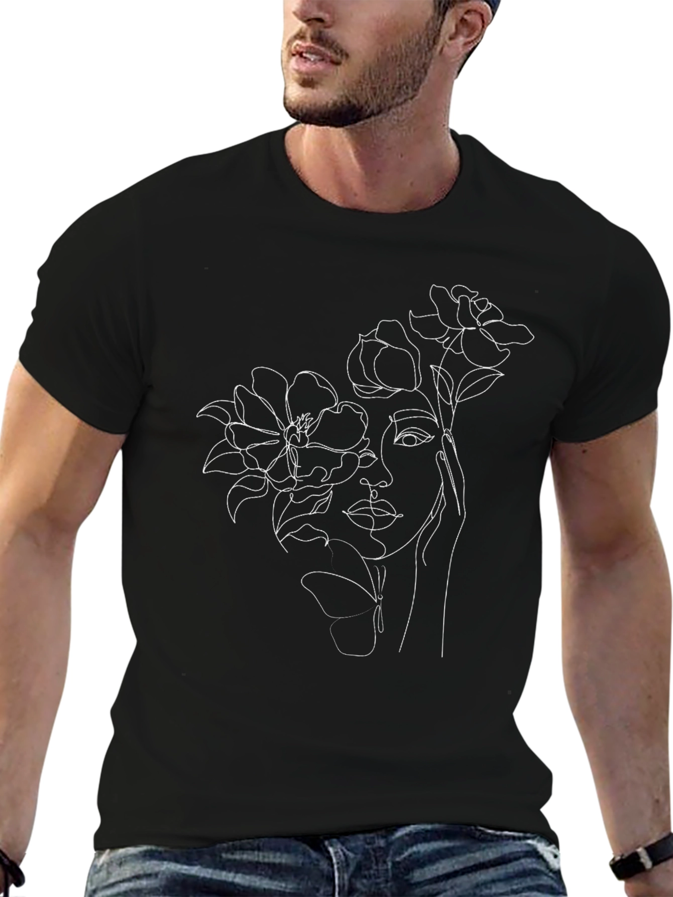 Floral Woman Line Art Black Tee