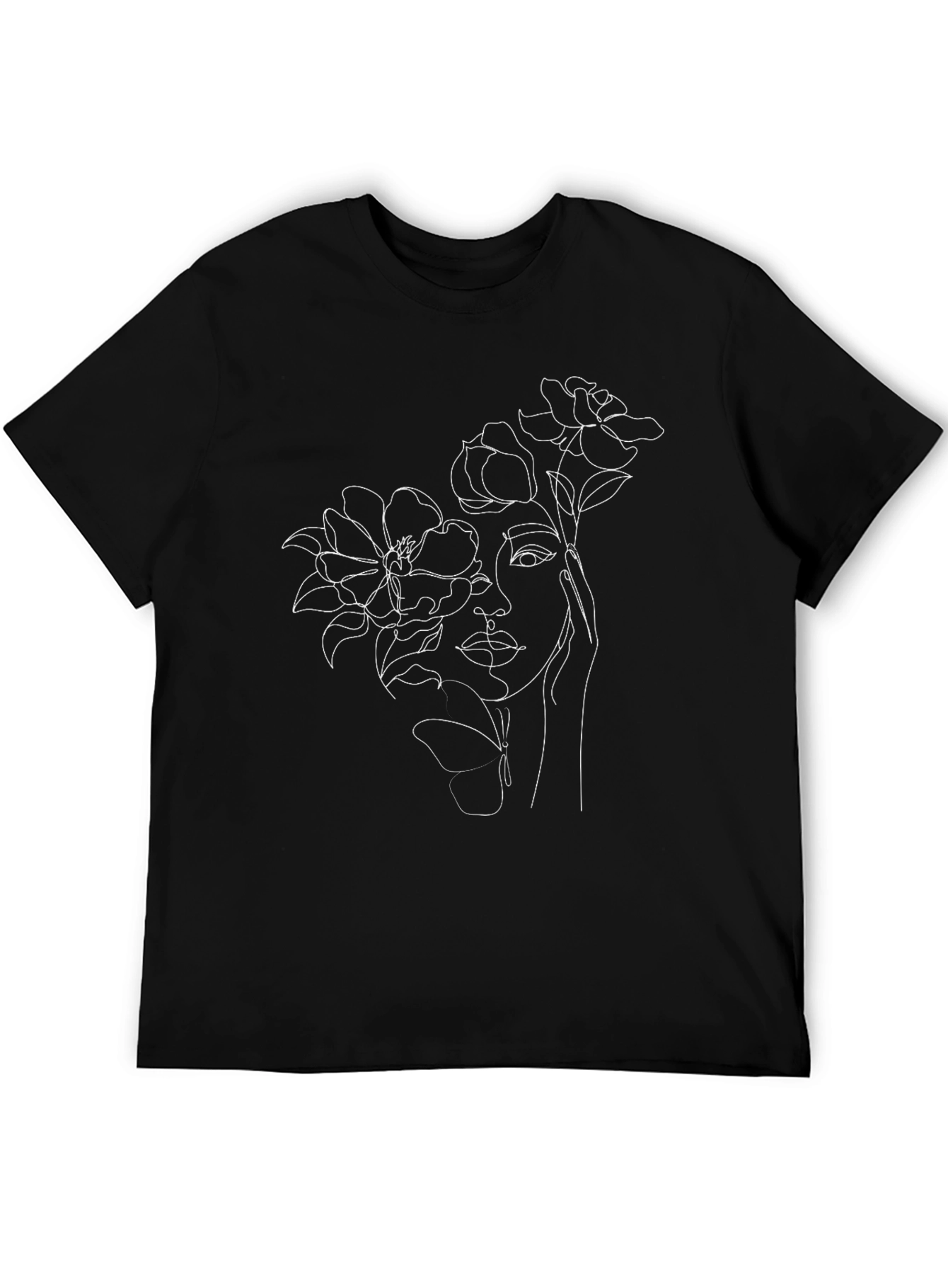 Floral Woman Line Art Black Tee