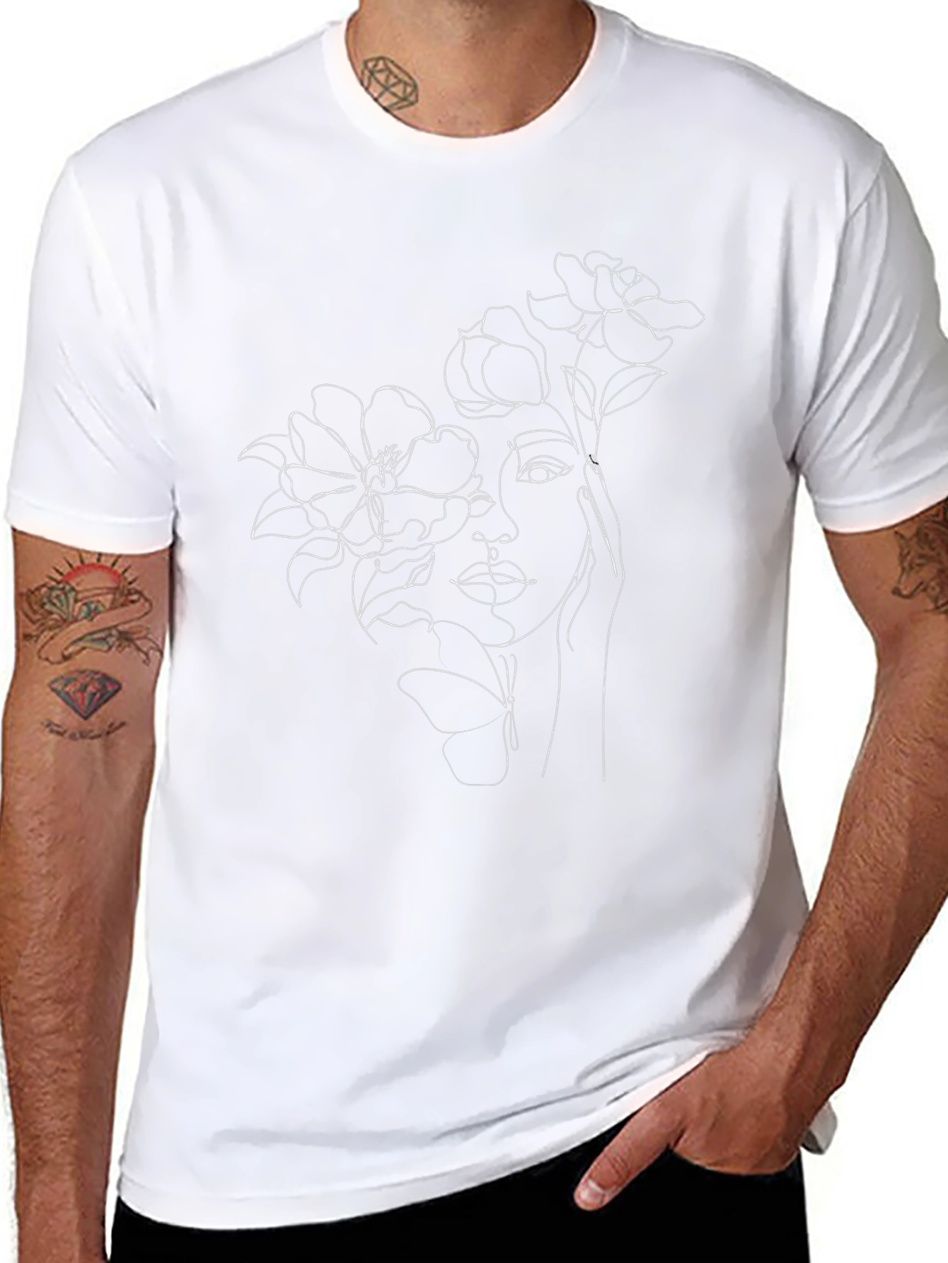 Floral Woman Line Art Black Tee