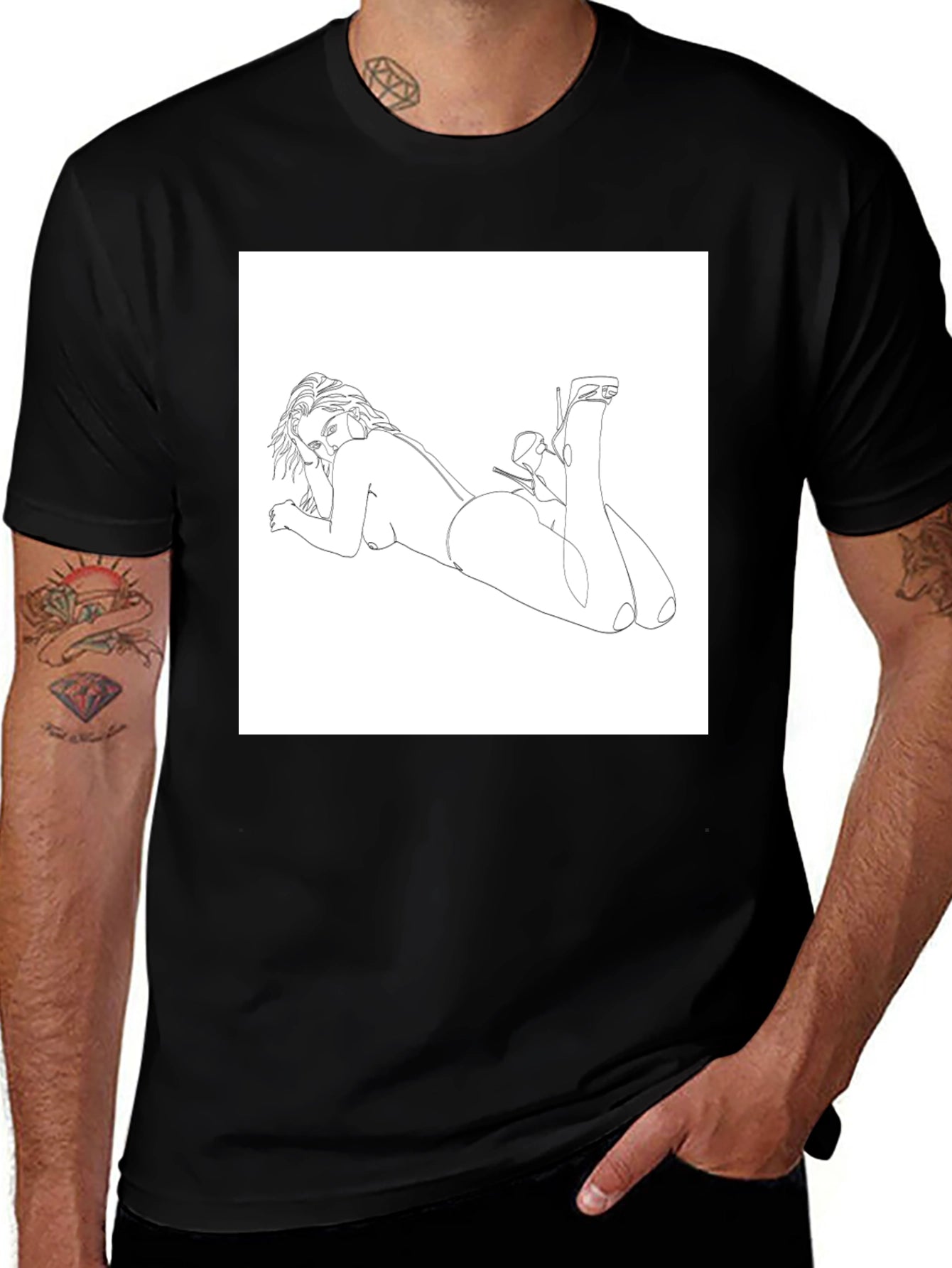 Line Art Woman Graphic Tee - Black Casual Shirt