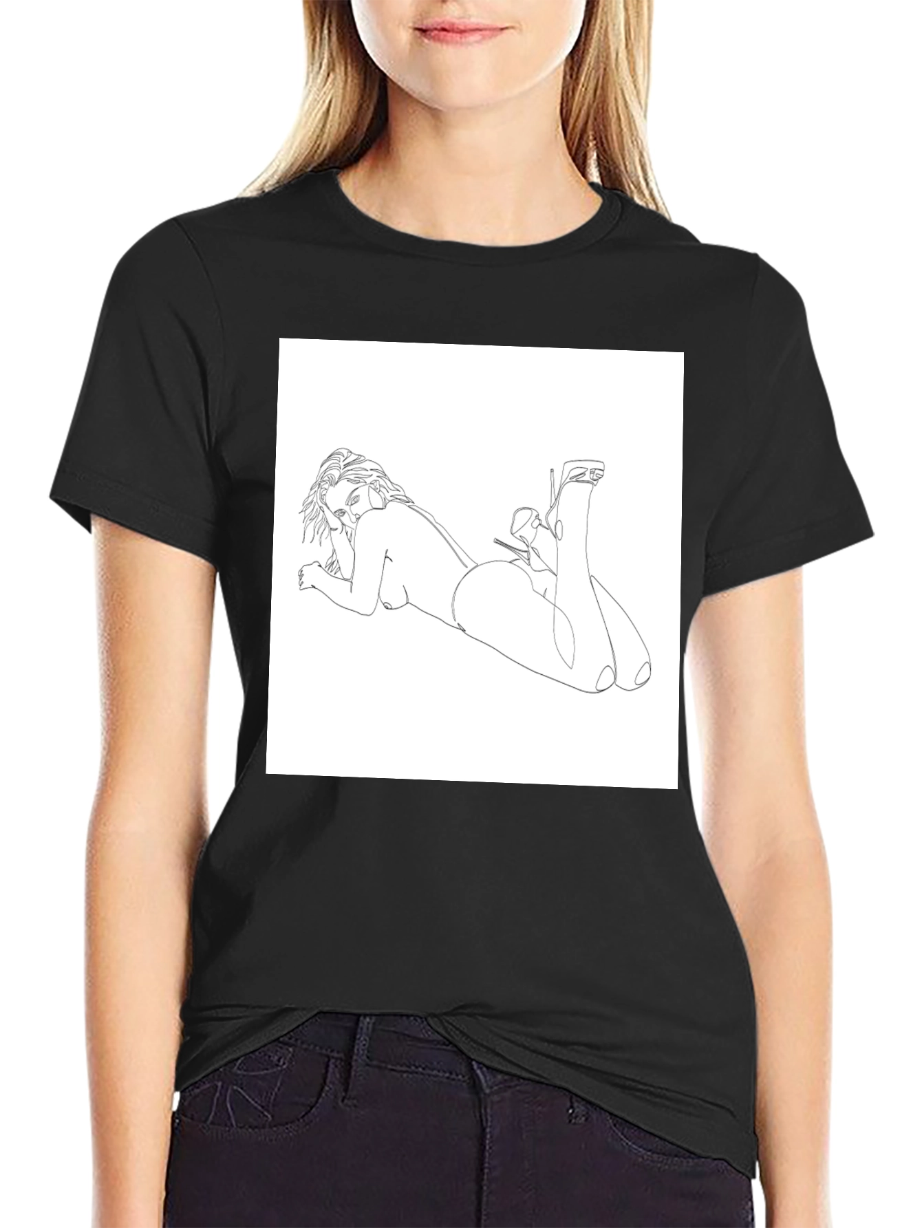 Line Art Woman Graphic Tee - Black Casual Shirt