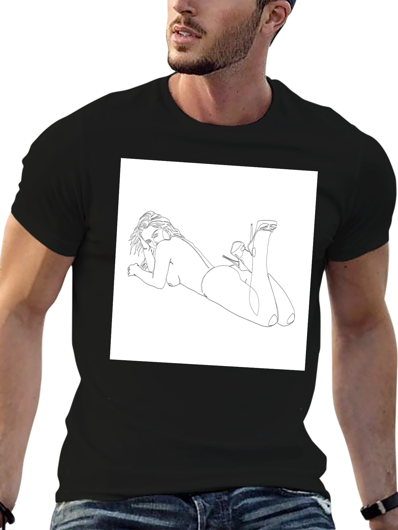 Line Art Woman Graphic Tee - Black Casual Shirt