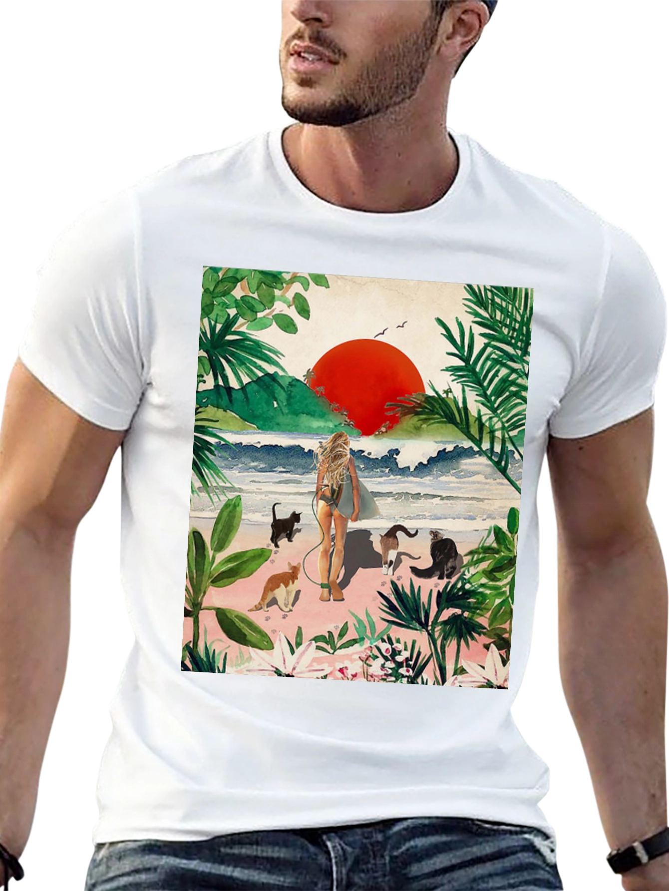 Tropical Cats Beach T-Shirt - Unique Graphic Tee