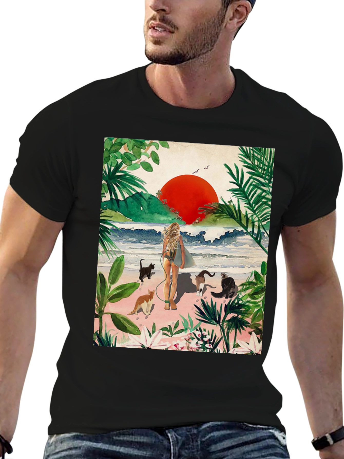 Tropical Cats Beach T-Shirt - Unique Graphic Tee