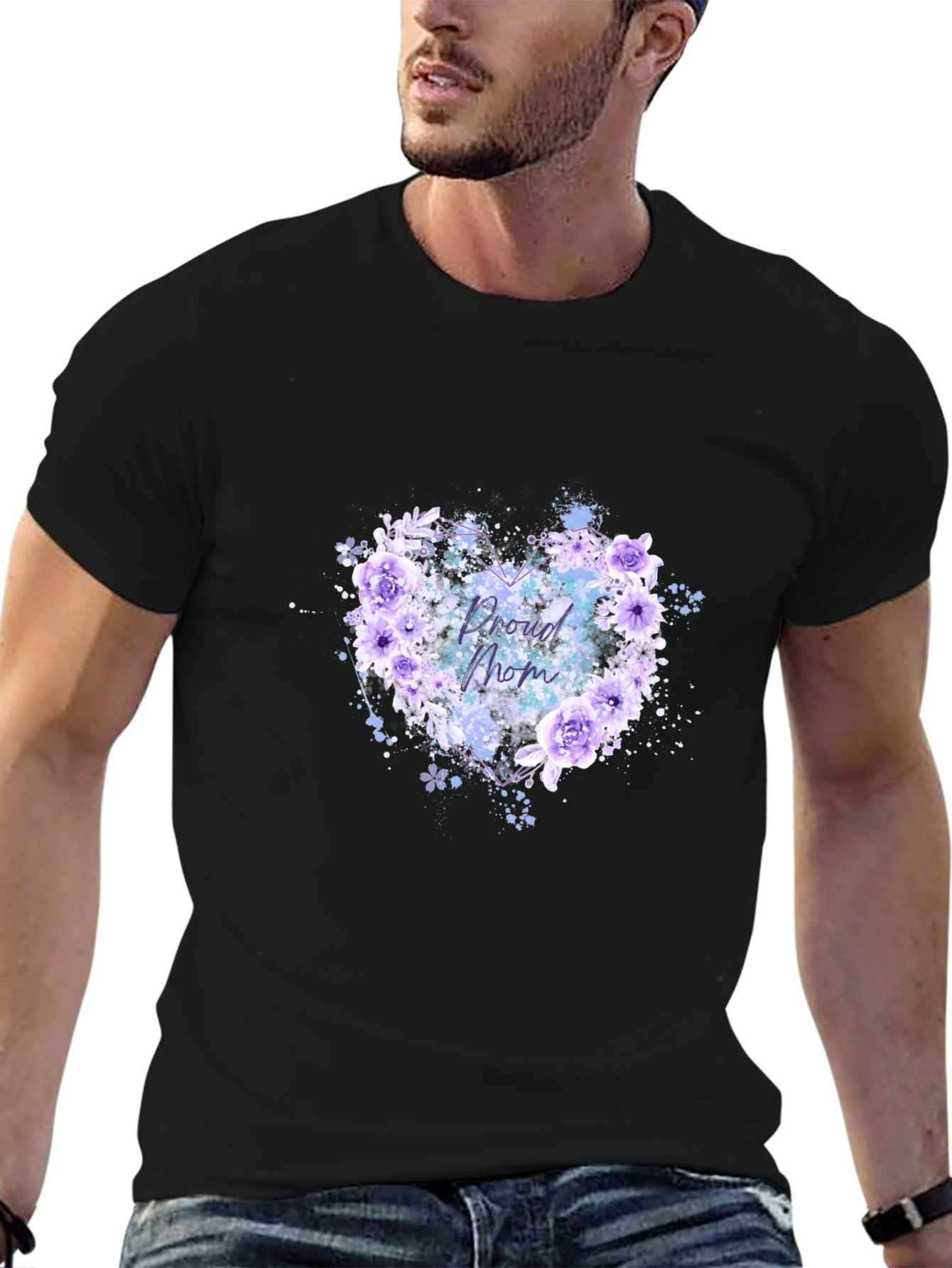 Proud Mom Floral Heart Black T-Shirt