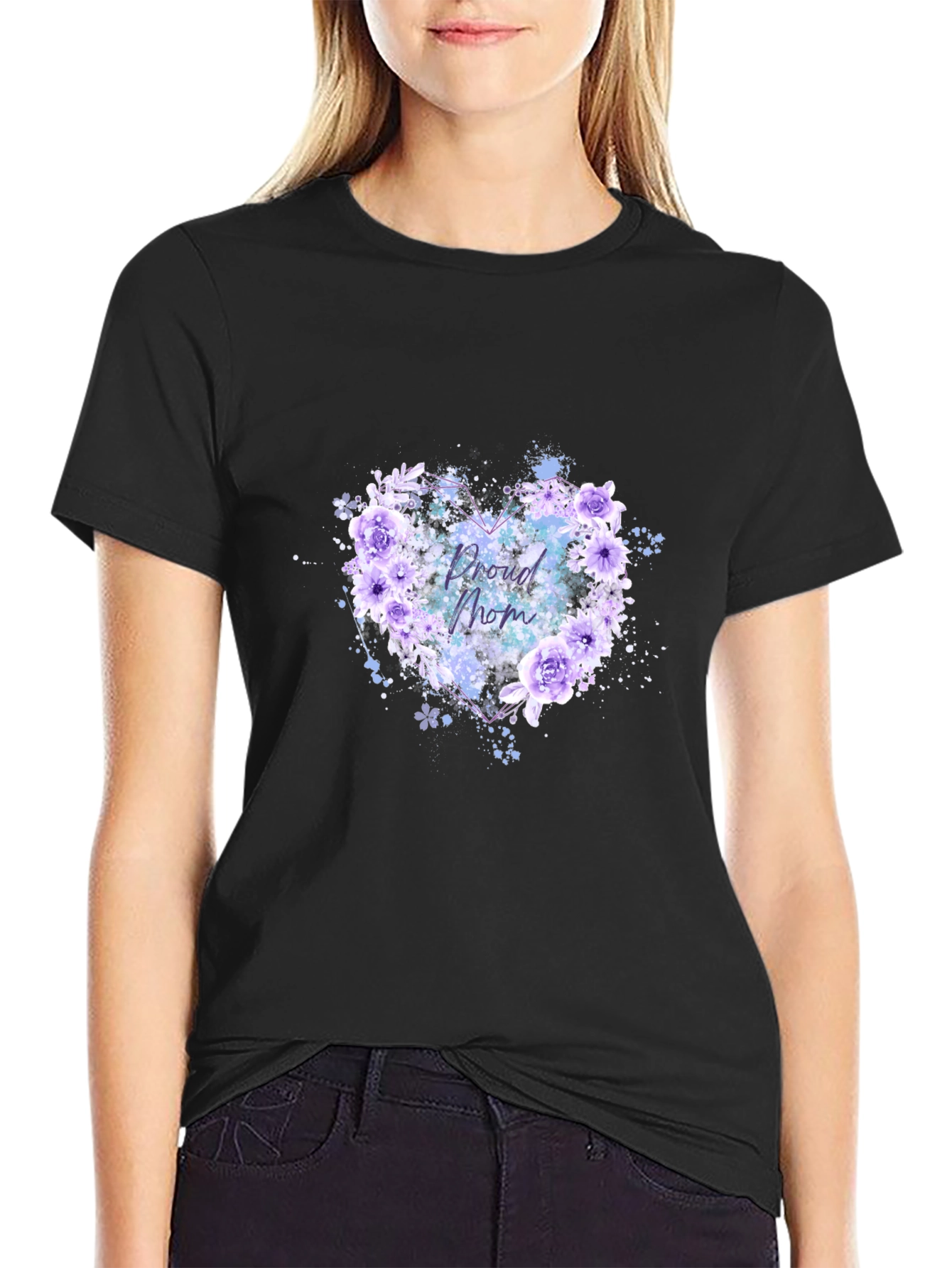 Proud Mom Floral Heart Black T-Shirt